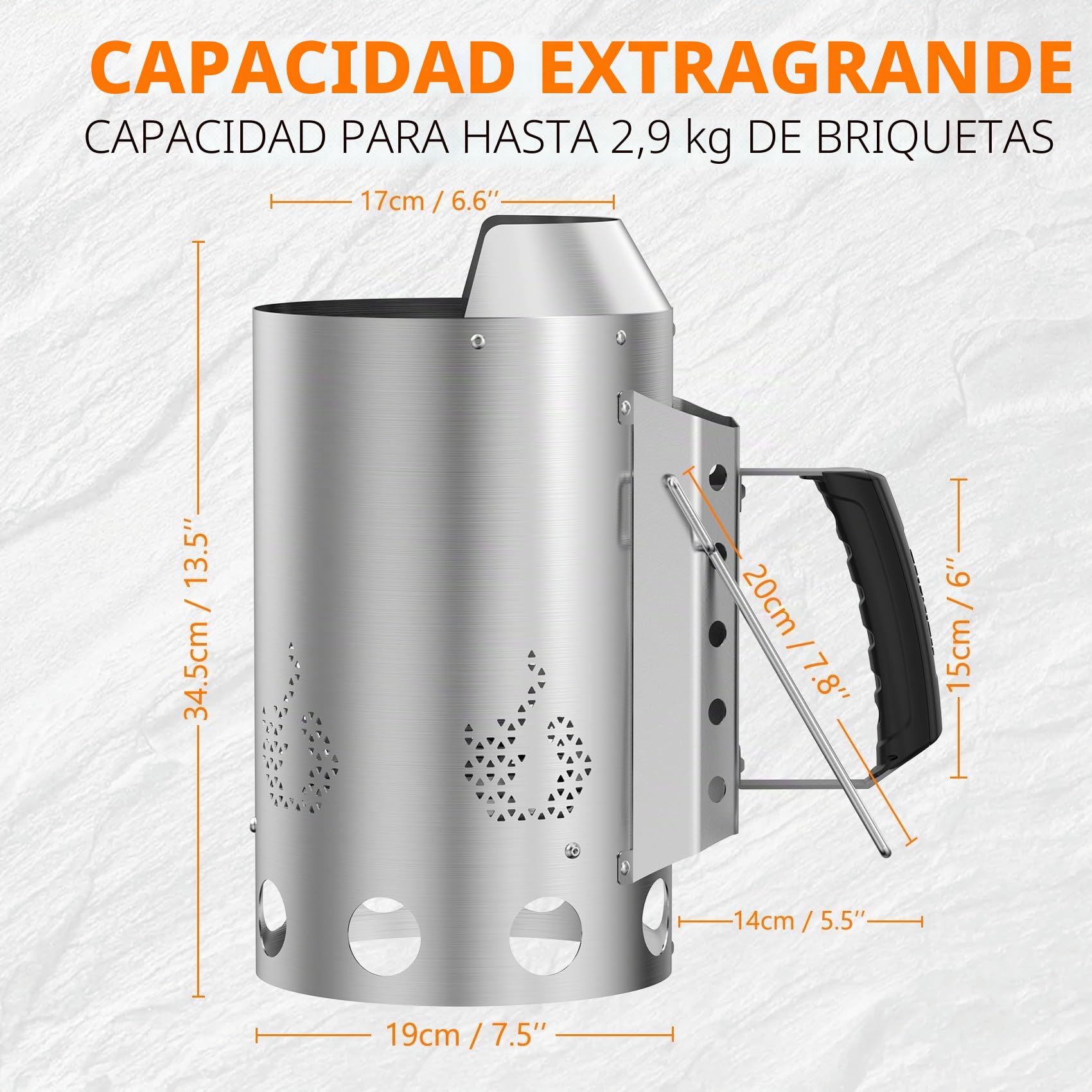 Onlyfire Chimenea Barbacoa con Bloques para Encender Fuego, Encendedor XXL Grande Carbón, Altura 34,5cm, Encendedor Barbacoa de Acero Inoxidable con Escudo Térmico y Asa, Capacidad 3kg