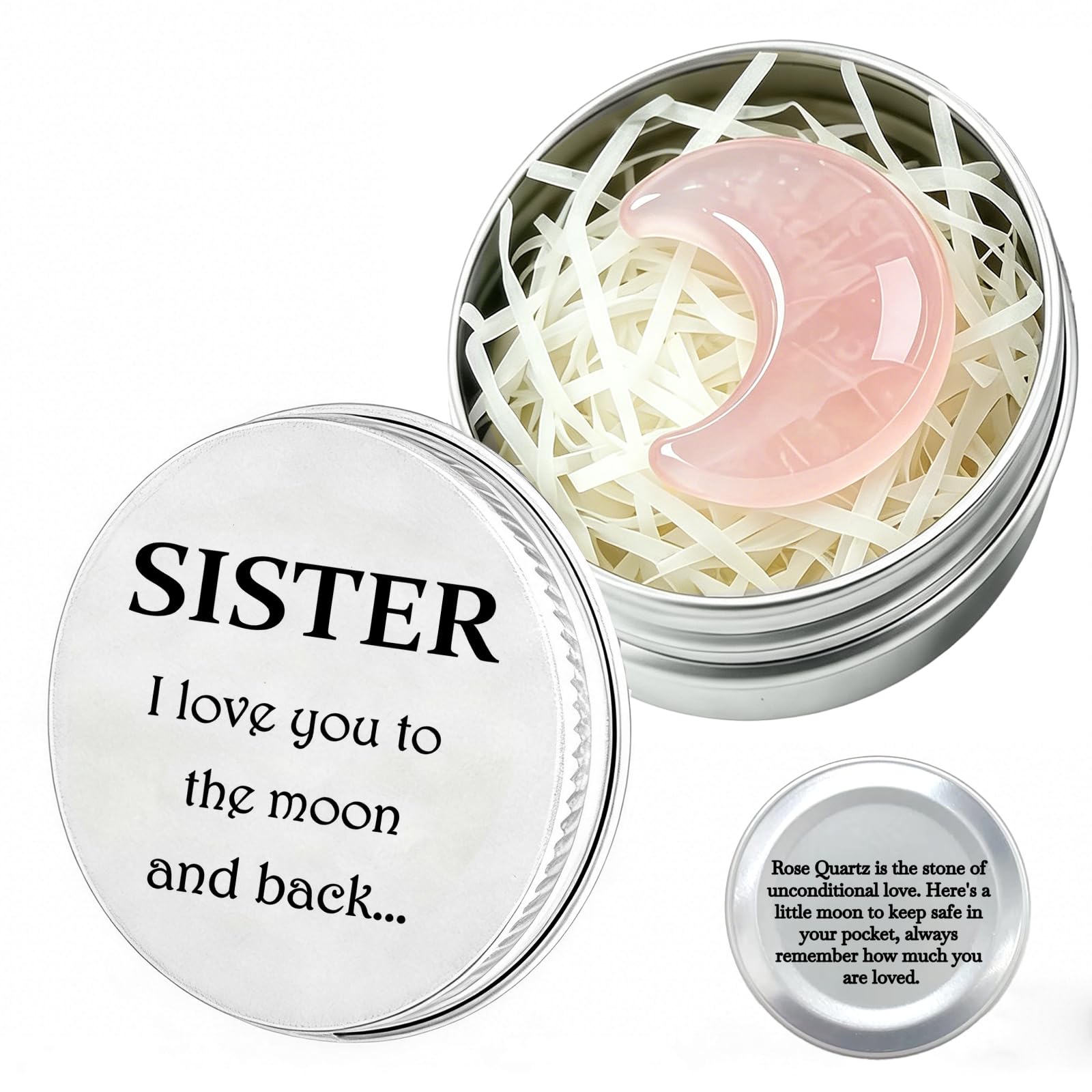I Love You to the Moon and Back Gift — Hand-Polished Pink Moon Stone Crystal in Tin, Healing Crystals Worry Stones for Women, Best Friend (Pink Crystal)