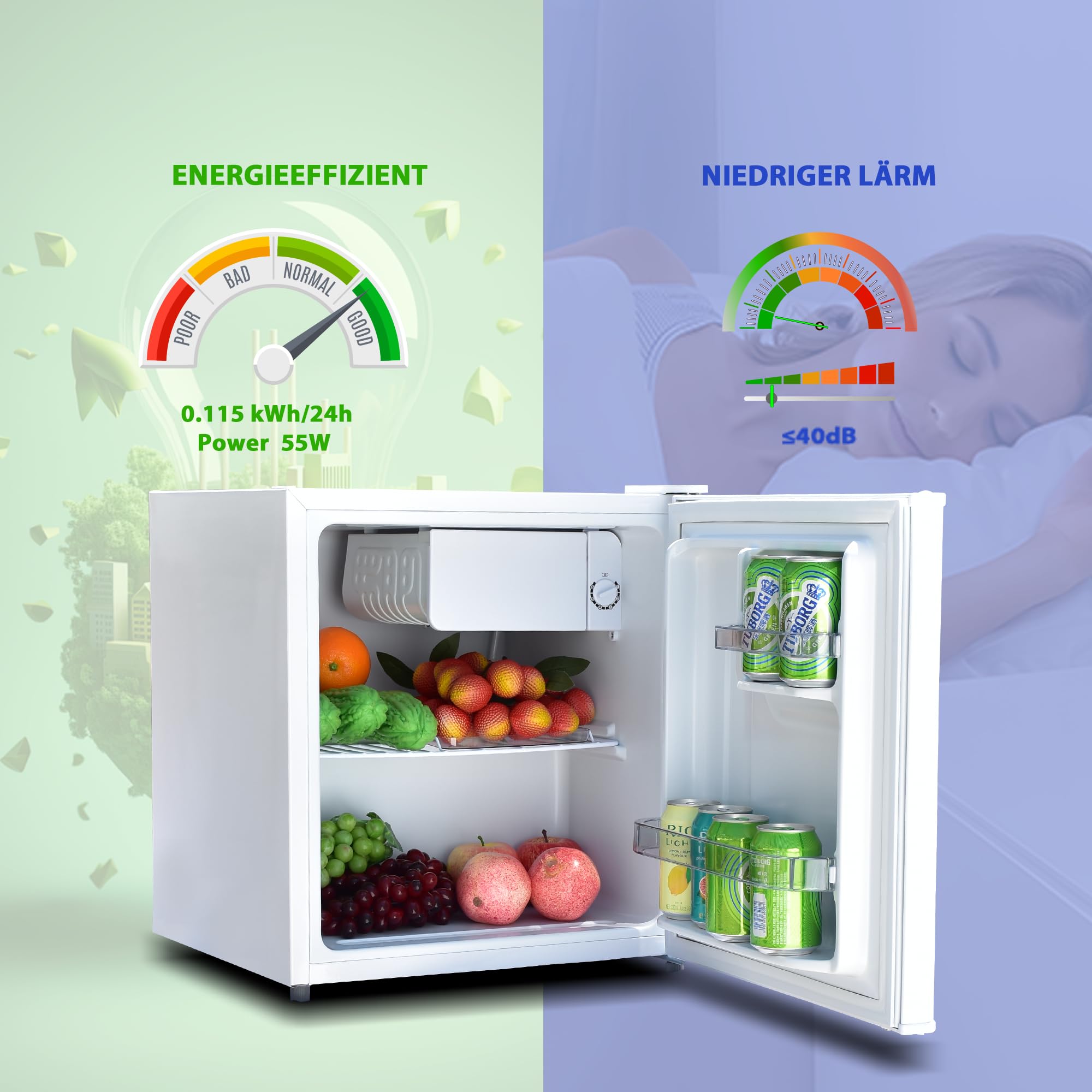 46L Kühlschrank, Mini Kühlschrank, Leise Kühlschrank Klein ohne gefrierfach 220-240V, Minikühlschrank mit Umkehrbare Tür, Minibar für Zimmer, Hotel,Büro,Küche,Wohnungen,39dB,Weiß