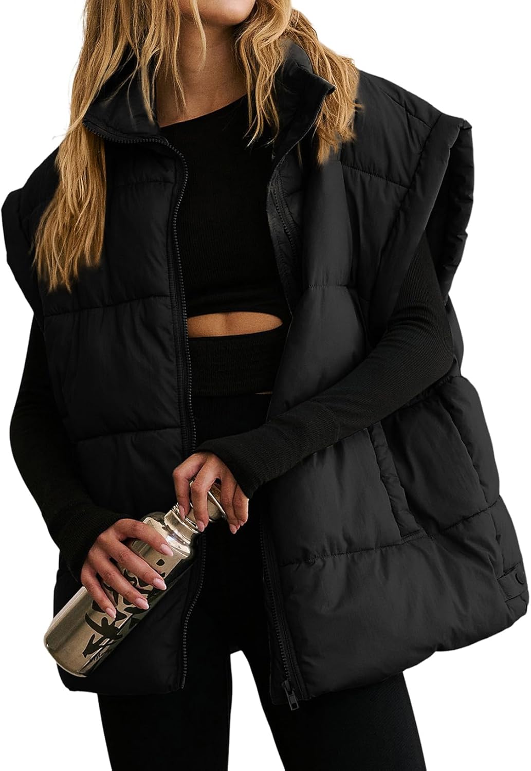 Dokotoo Women's Casual Winter Oversized Puffer Vest Stand Collar Flysleeve Insulated Padded Puffy Jackets Coat with Pockets