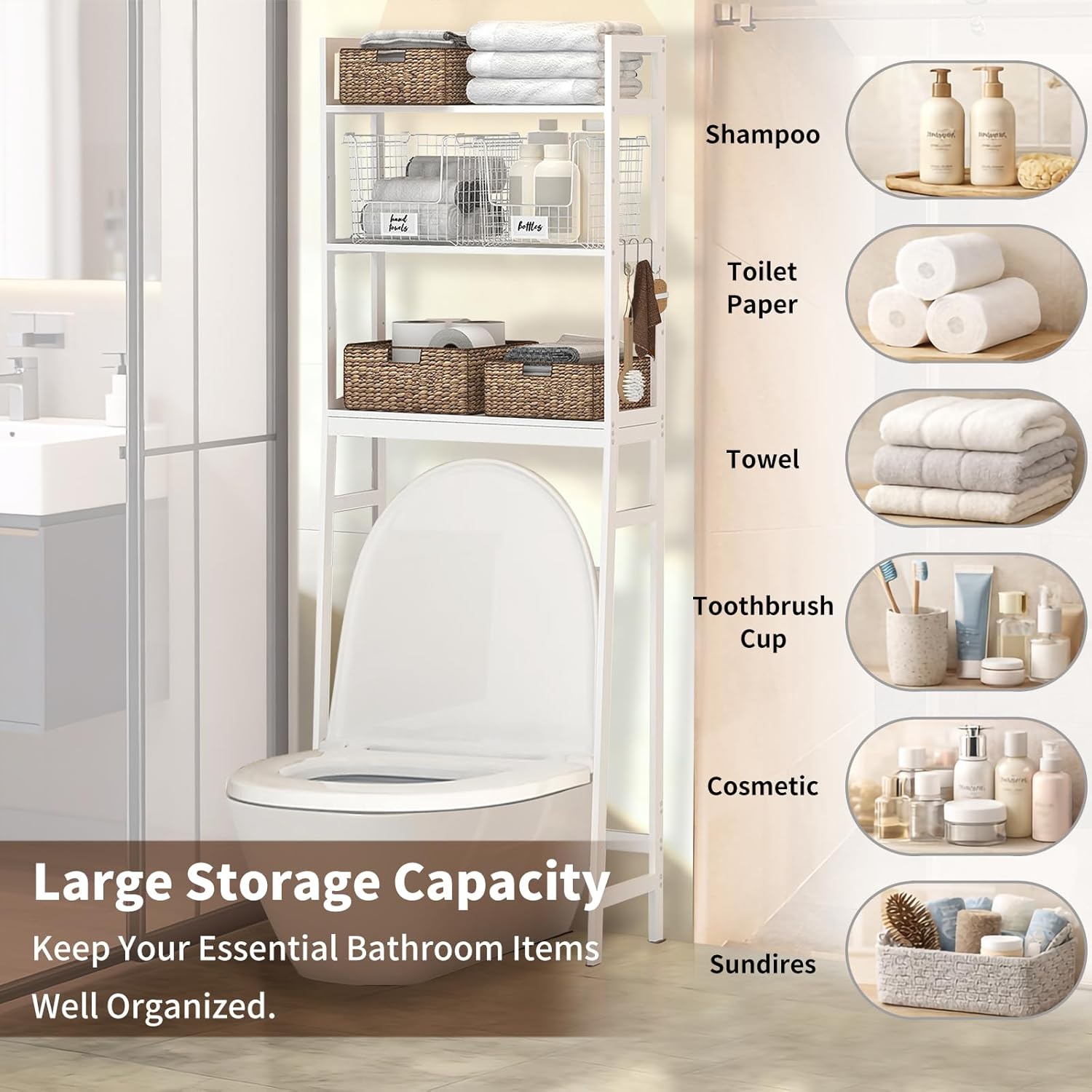 BAMBANG Over The Toilet Storage Rack, 3-Tier Over The Toilet Storage Shelf with 3 Hooks, Freestanding Above Toilet Bathroom Organizer Shelves for Space Saver Storage, Bamboo White