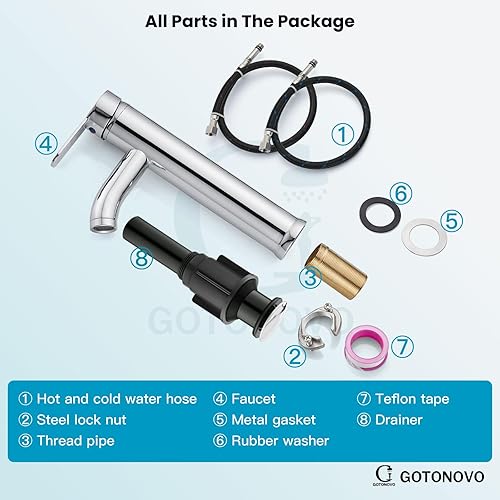 Miniatura 9 de gotonovo Grifo de lavabo moderno para lavabo, grifo de baño de 1 agujero, montaje en cubierta, grifo mezclador de una sola manija con mangueras de