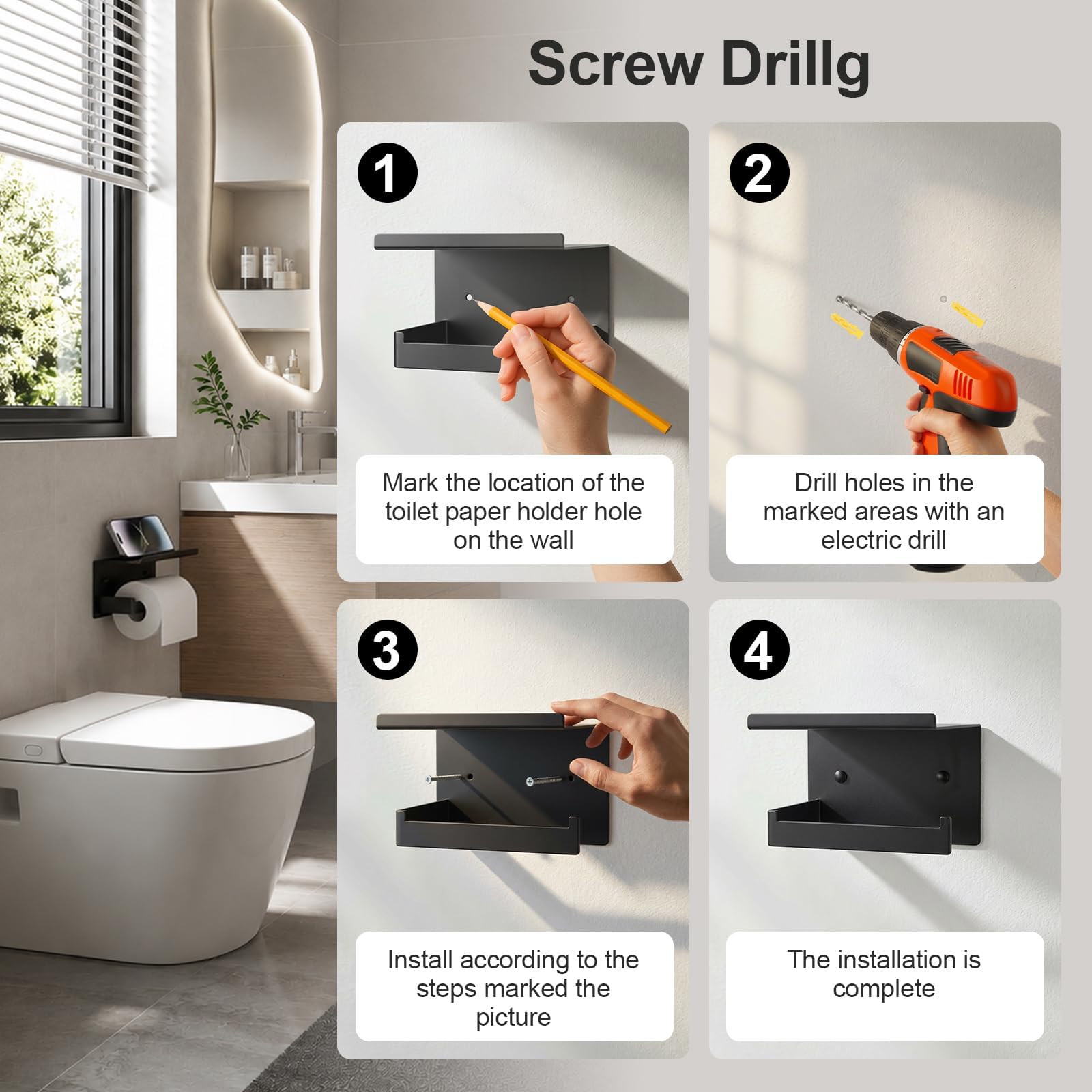 Adhesive Wall Mount Toilet Paper Holder with Shelf, Matte Black — Amazon image 5