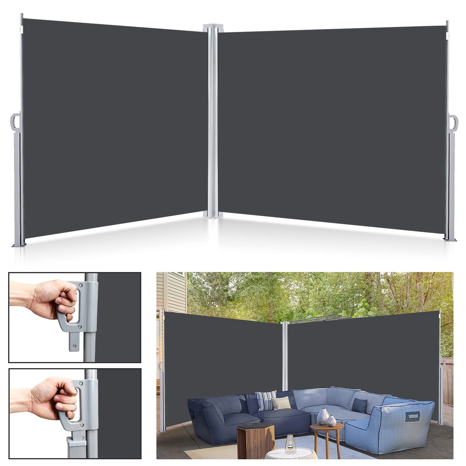 Markiza boczna z uchwytem do podłoża, wysuwana, ochrona przed słońcem, szara, 160 x 600 cm, ochrona przed wzrokiem na balkon, do ogrodu, na taras