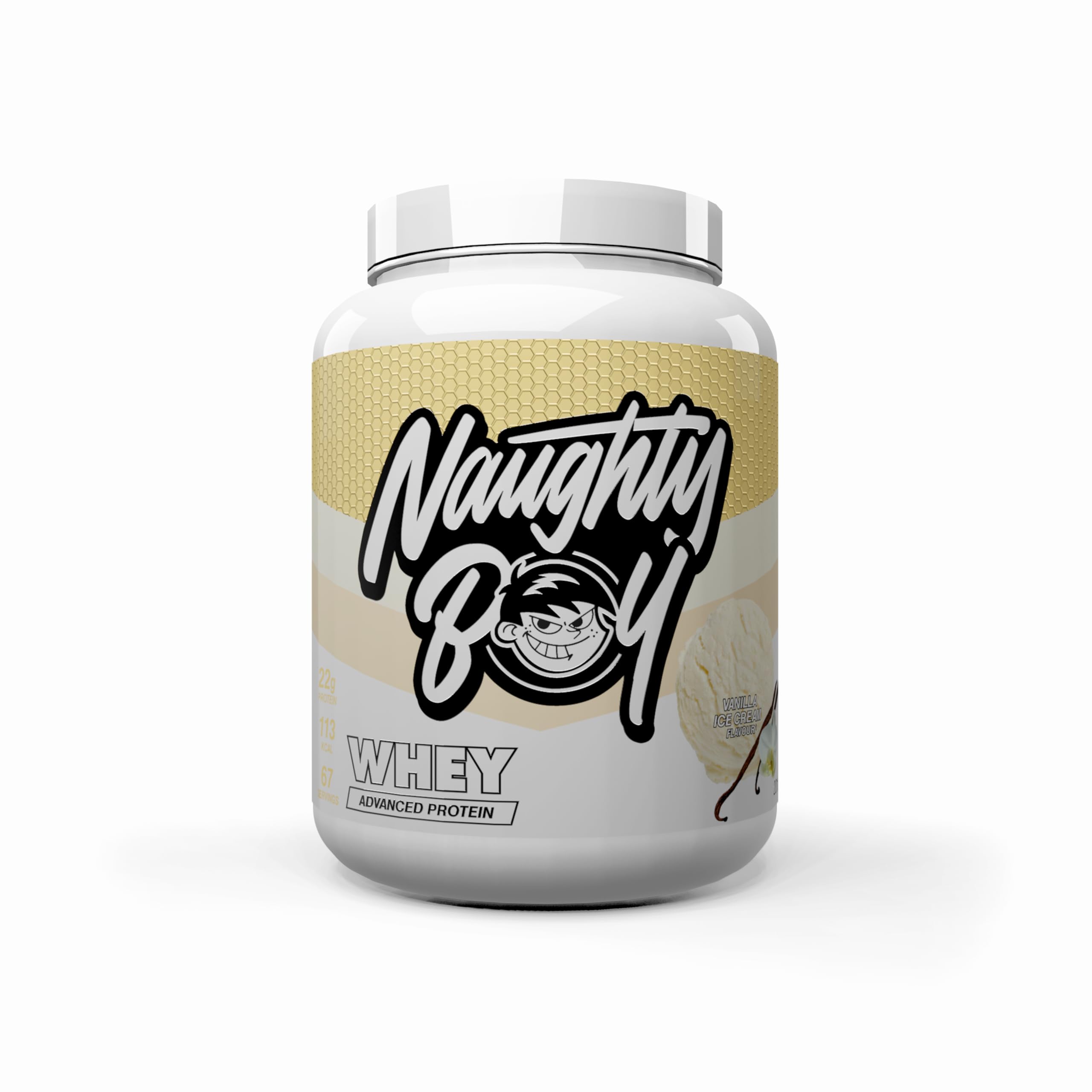 Naughty Boy Advanced 100% proteína de suero en polvo, 2010 g, 22 g de proteína por porción, 67 porciones, batido alto en proteínas para crecimiento muscular y recuperación, bajo en azúcar, helado de