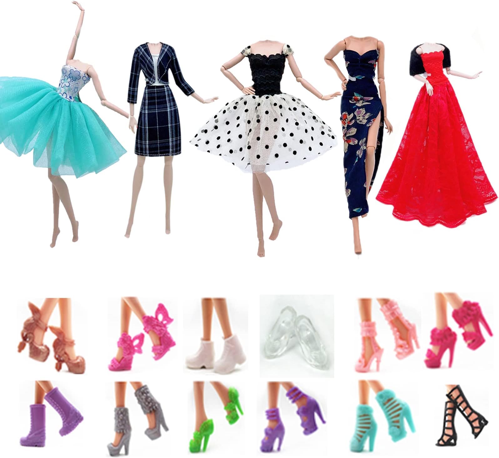 Fashion Doll Clothes Dress and Accessories 5 Sets Doll Dress Outfits + 12 Pairs Random Style Shoes for 11.5" Girl Dolls (Style B)