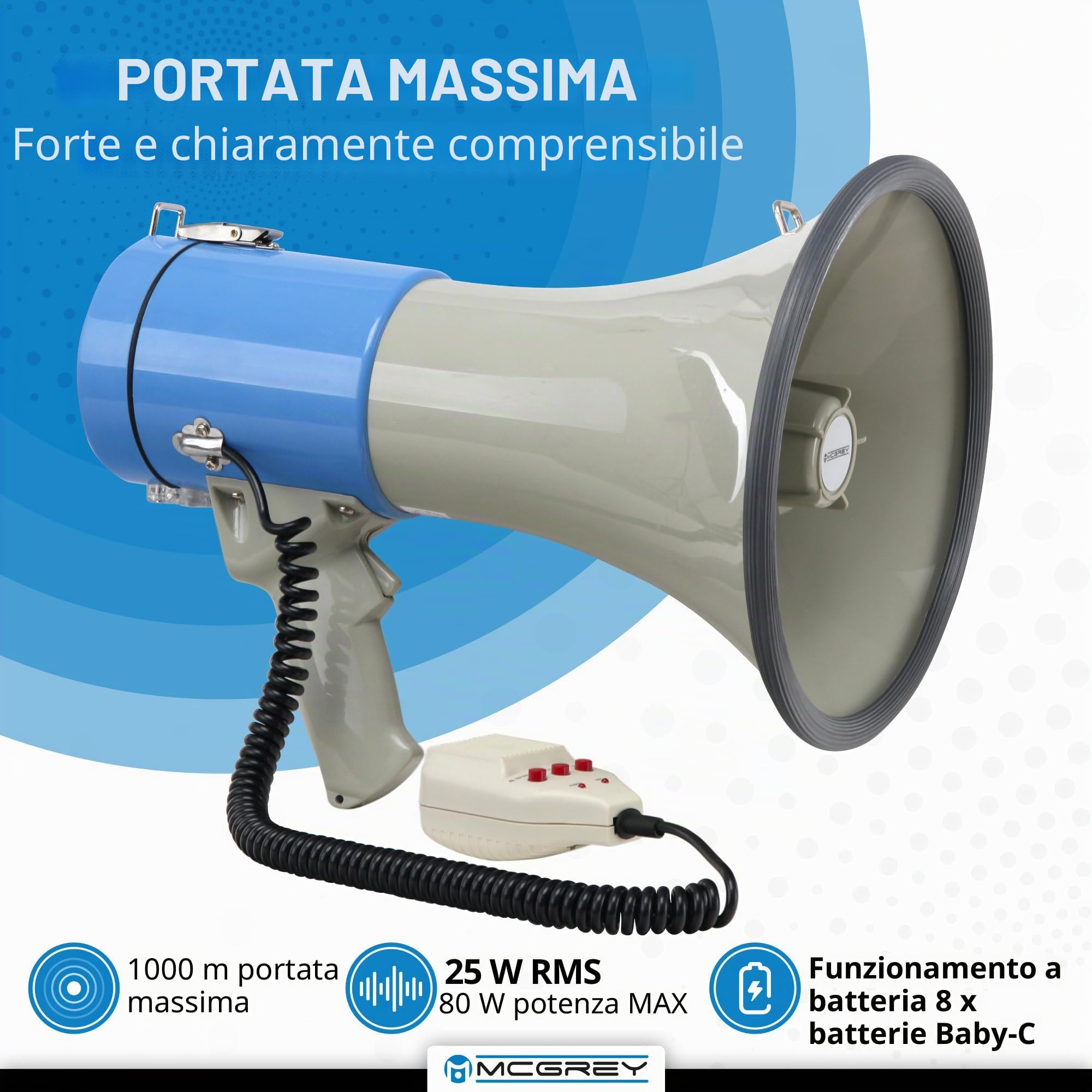 McGrey MP-800HRS megafono portatile 25W RMS/80W MAX, portata 1000m, microfono, sirena, fischietto, registrazione, lettore USB/SD/AUX-MP3, batteria, grigio/blu.