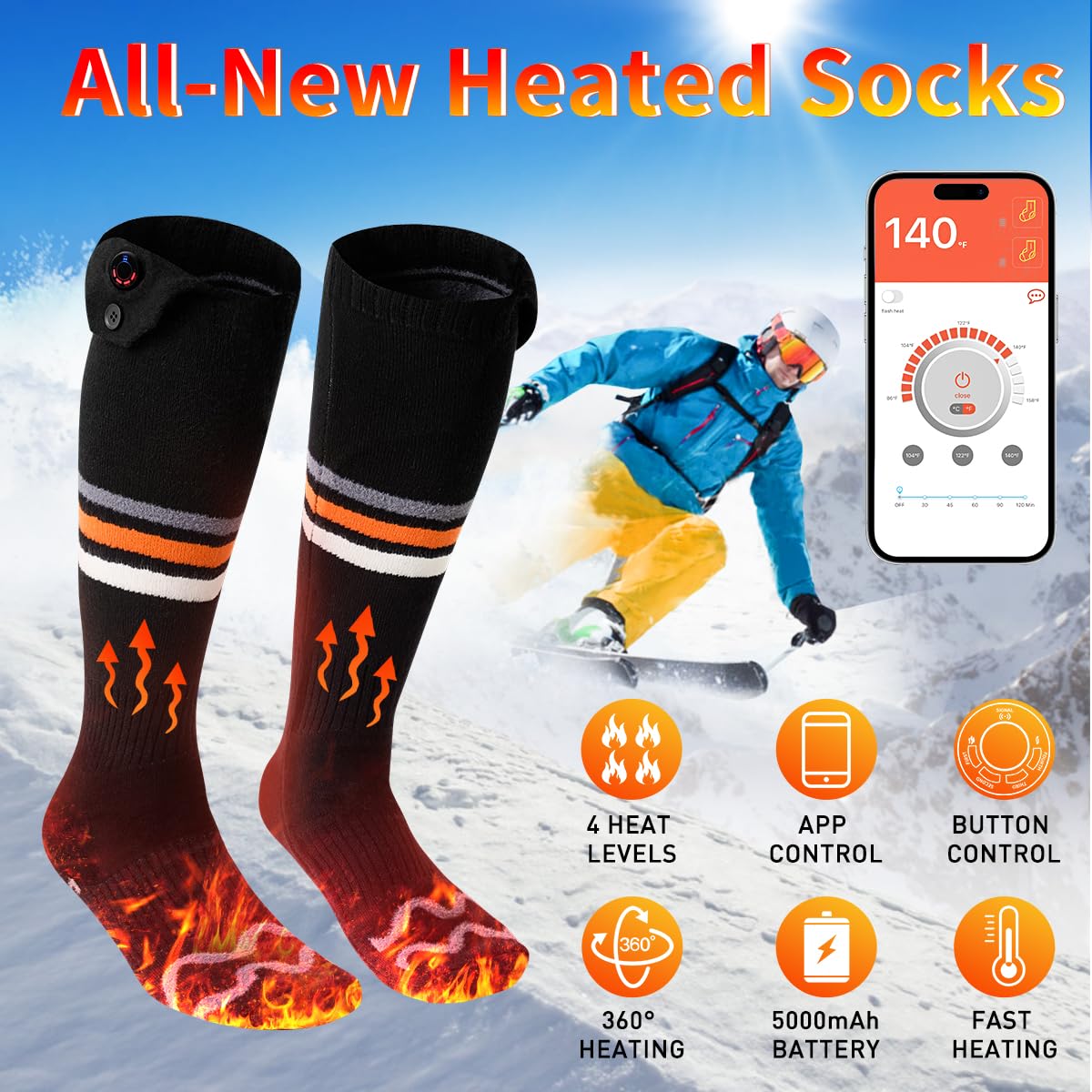 Rechargeable Heated Socks for Men & Women - Washable, APP Control, 5000mAH Battery, Up to 8 Hours for Hunting & Skiing