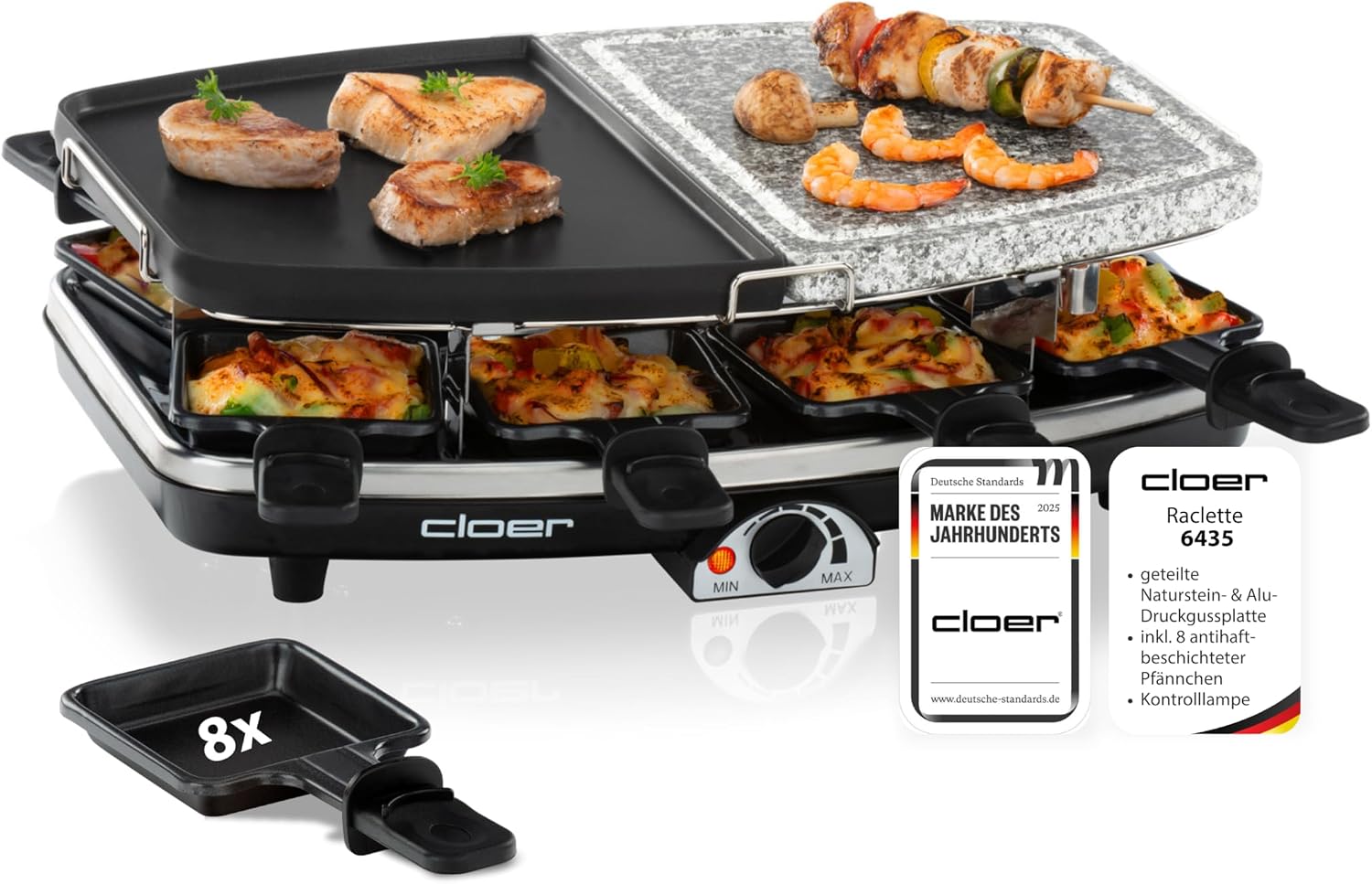 Cloer: Cloer 6435 Raclette mit Naturstein, 1200 W, 8 antihaftbeschichtete Raclettepfännchen, Geteilte Platte – Original-Produktbild von Amazon