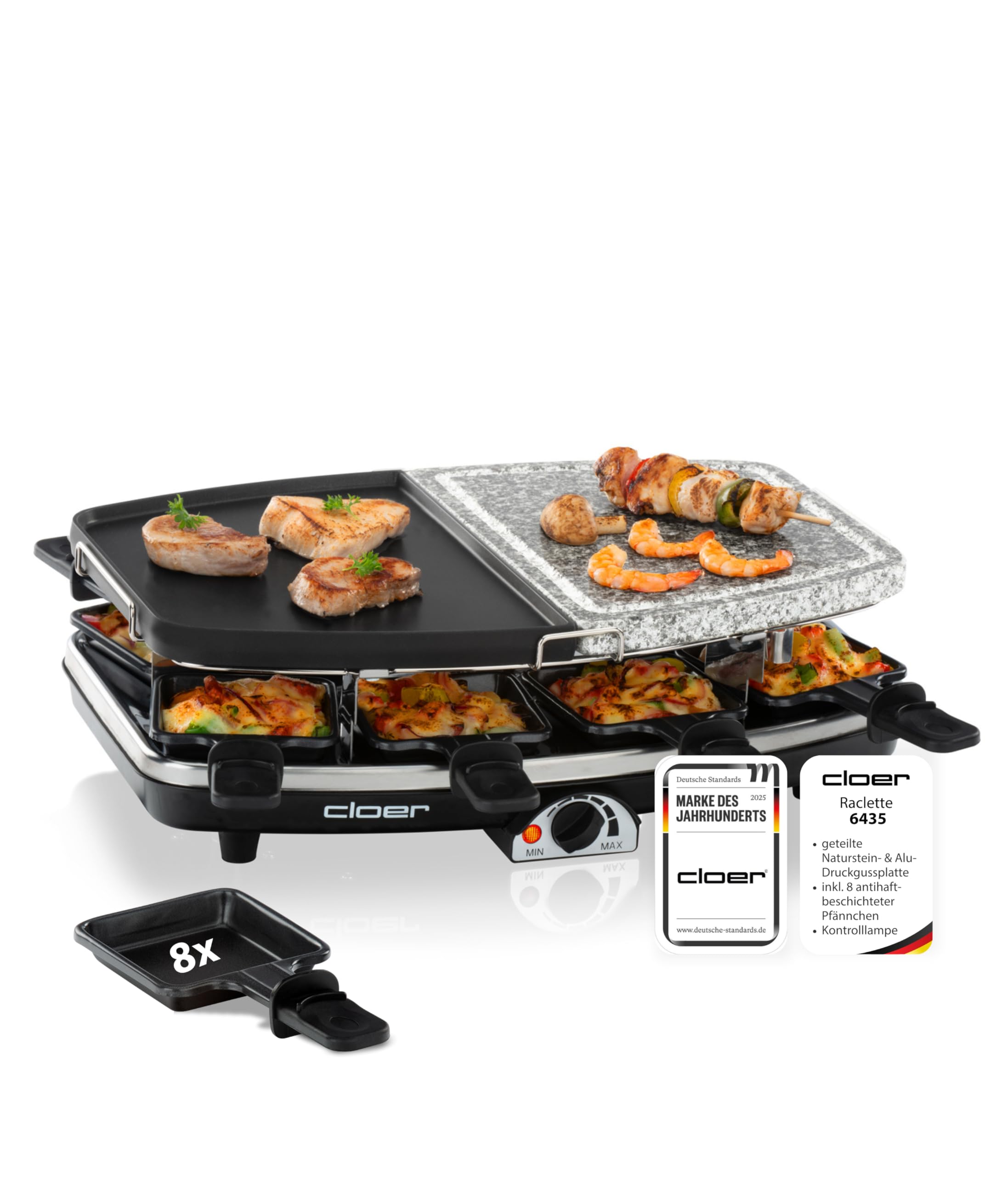 Cloer 6435 Raclette mit Naturstein 1200 W 8 antihaftbeschichtete Raclettepfännchen