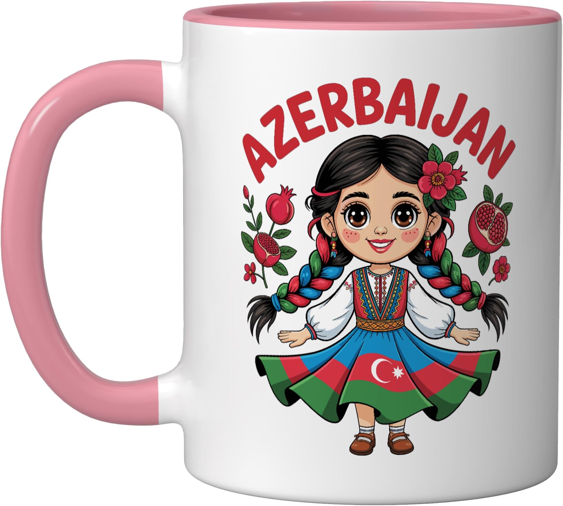 Cute Azerbaijani Girl in Flag Dress with Pomegranates Kids Ceramic Mug, Pink/White