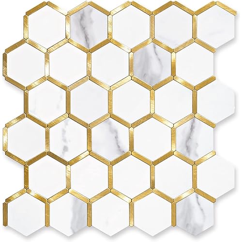 STICKGOO Hexagon Peel and Stick Backsplash Tile, Stick on Backsplash for Kitchen and Bathroom, White Marble Look PVC Mixed Metal Gold Self Adhesive Metal Mosaic Tiles(Sample, Seamless)