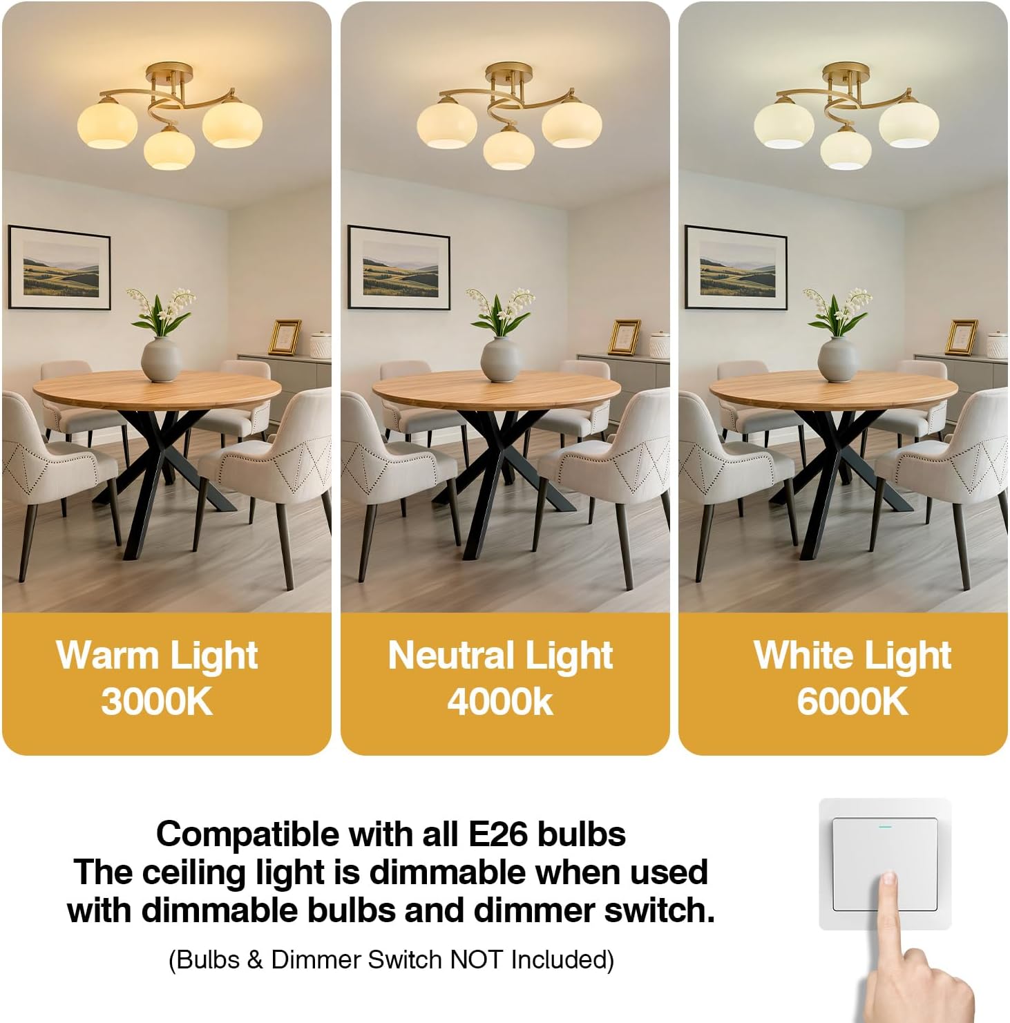 Semi Flush Mount Ceiling Light Fixture,Vintage Modern Gold Globe Sputnik Chandeliers 3-Light Mid Century Milk Glass Chandelier for Dining Room Kitchen Island Bedroom Living Room Entryway