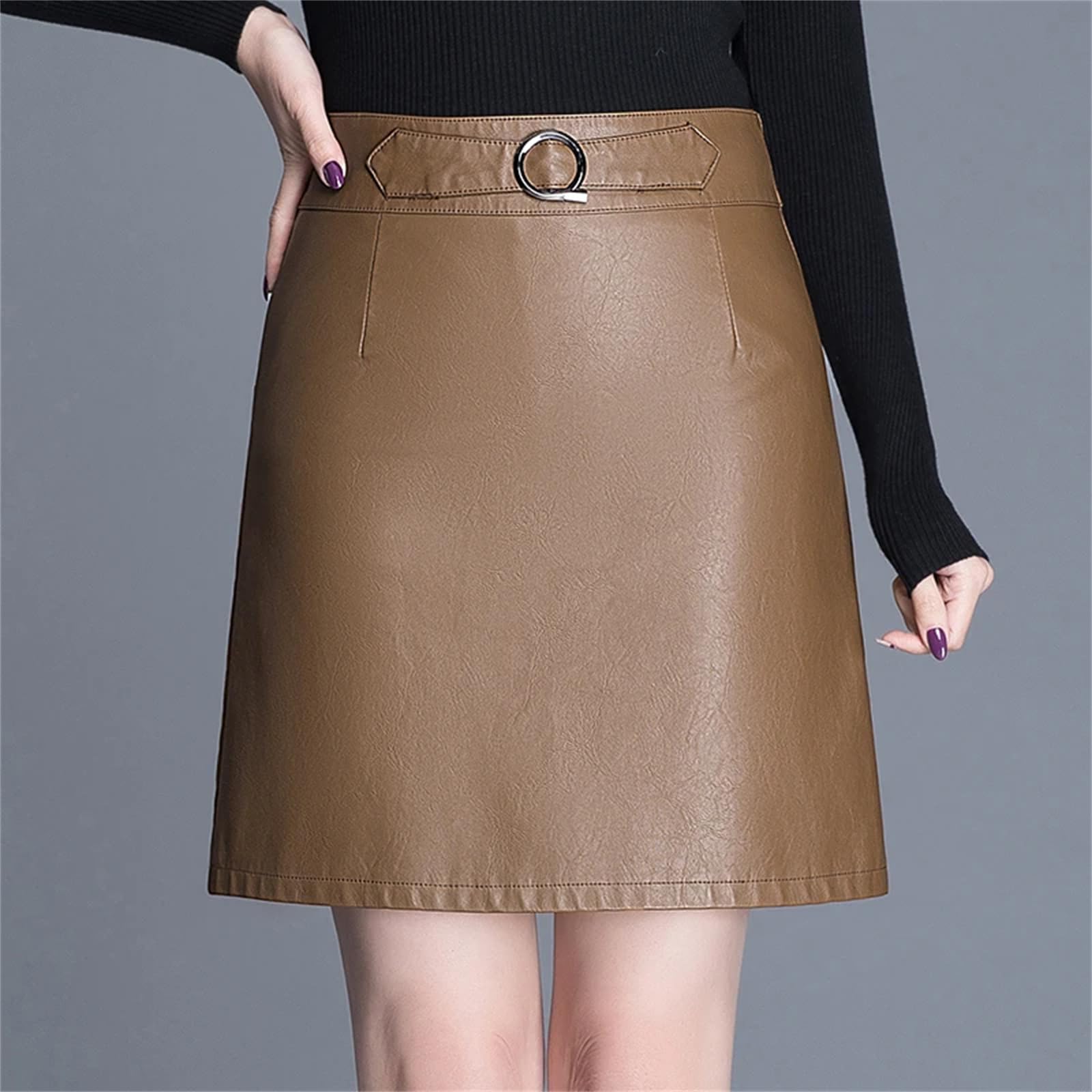Minifalda de piel sintética para mujer, cintura alta, falda elegante para mujer, falda corta acampanada