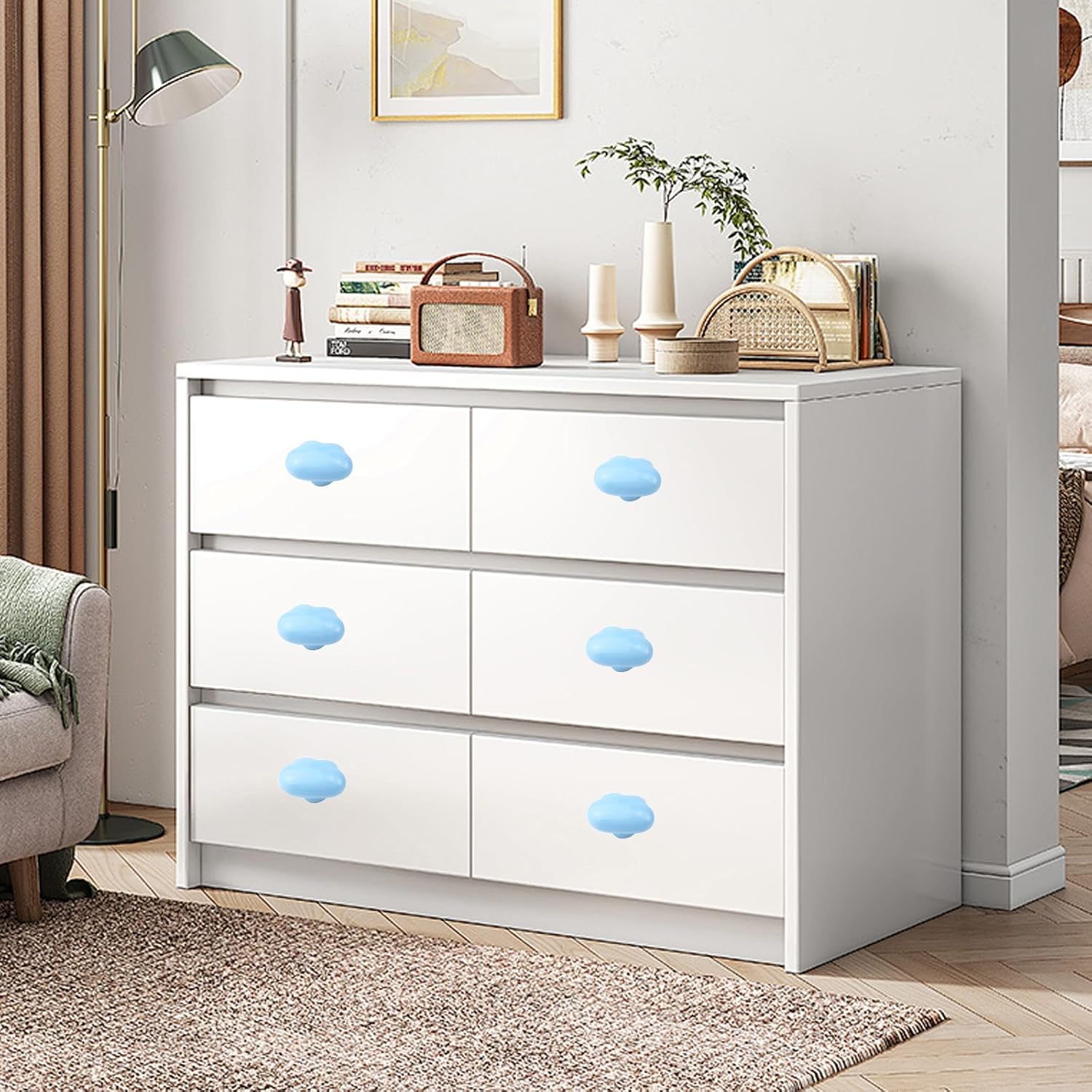 6pcs Cute Cloud Shape Ceramic Drawer Knobs Safeproof Rounded Edge Cabinet Pulls Handles for Kids Room (Baby Blue)