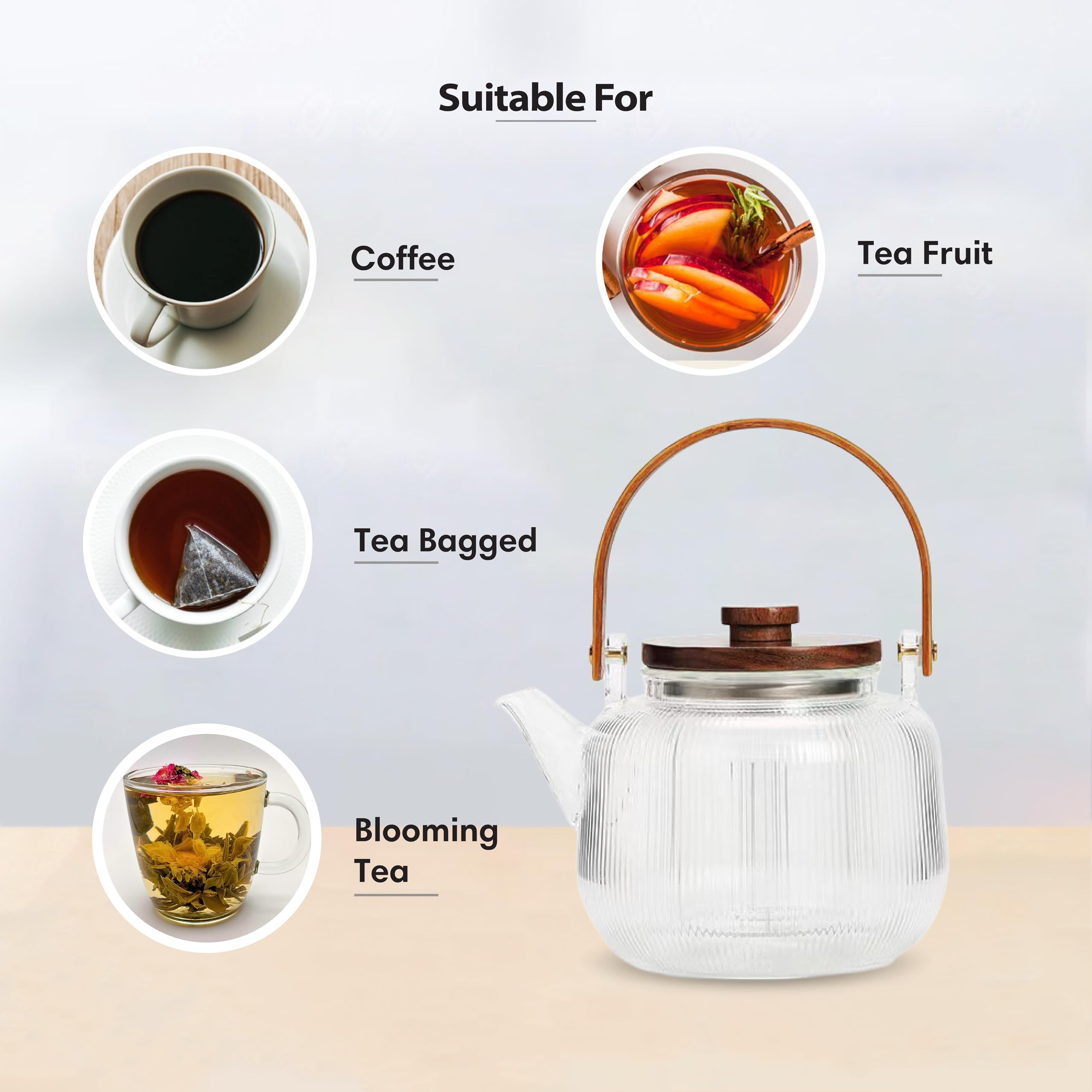 Charbrew 900 ml klare Glas-Teekanne mit Teesieb, geripptes Borosilikatglas, Holzdeckel und Griff, für losen Tee, Teebeutel und blühenden Tee, für 4 Tassen