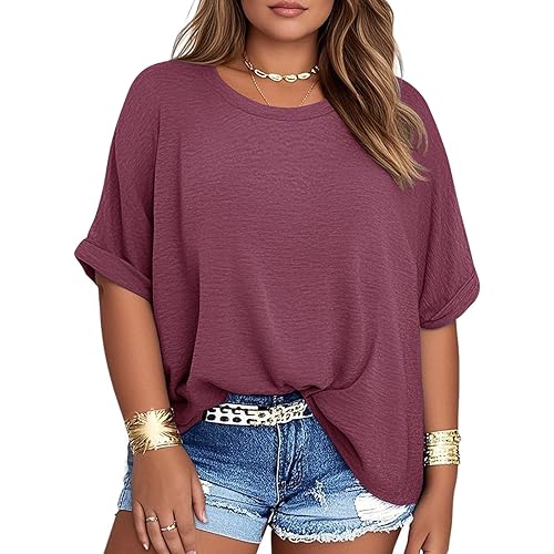 Womens Plus Size Summer Tops Oversized Half Sleeve Crew Neck T Shirts Loose Fit Tee Top Flowy Casual Blouses XL-5XL