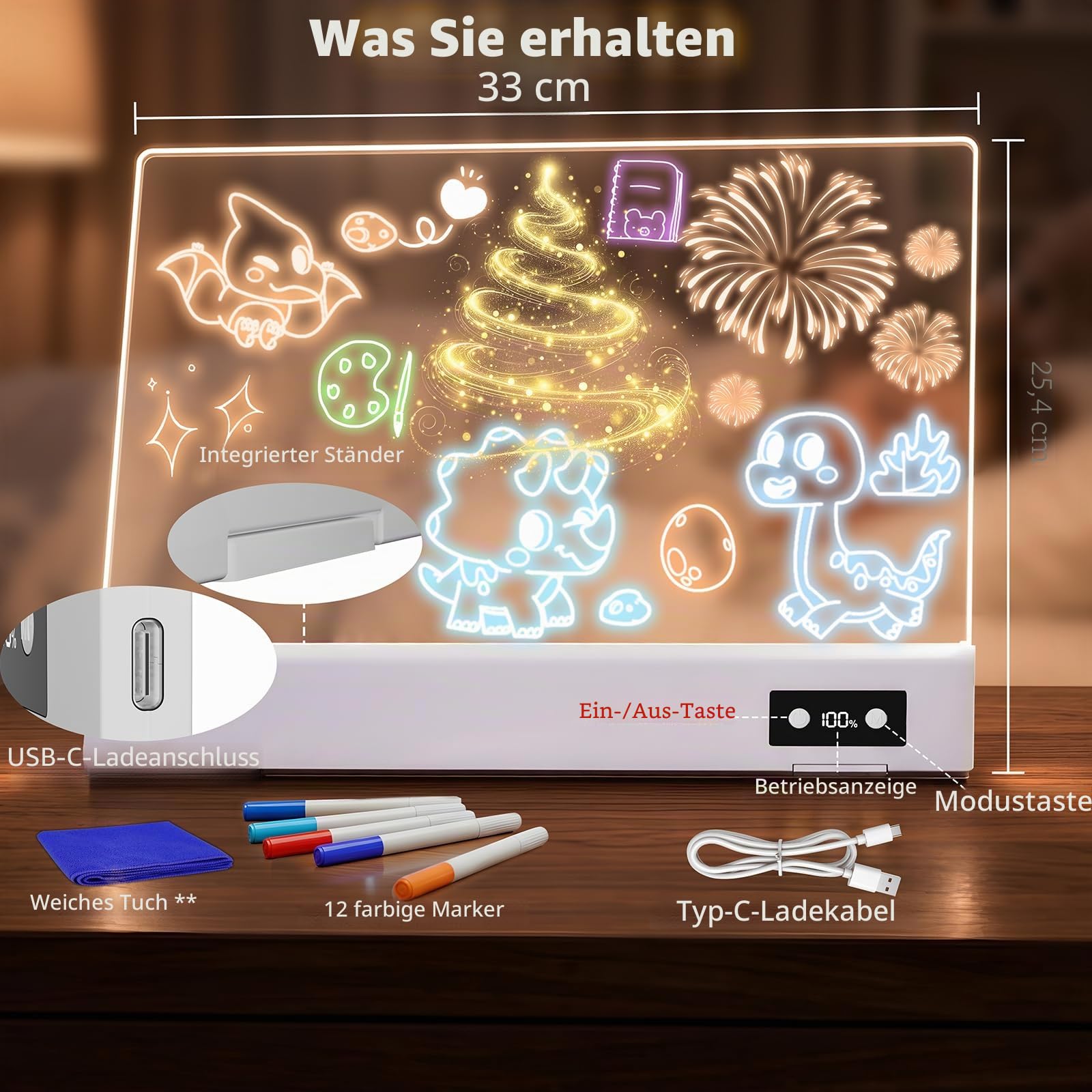 16 Zoll LED Zeichenbrett, Wiederaufladbares Leuchtpult mit 1500mAh Akku, Prozentanzeige, 12 Modi Leuchttafel für Kinder, Abwischbares Acryl Memo Board mit 12 Markern