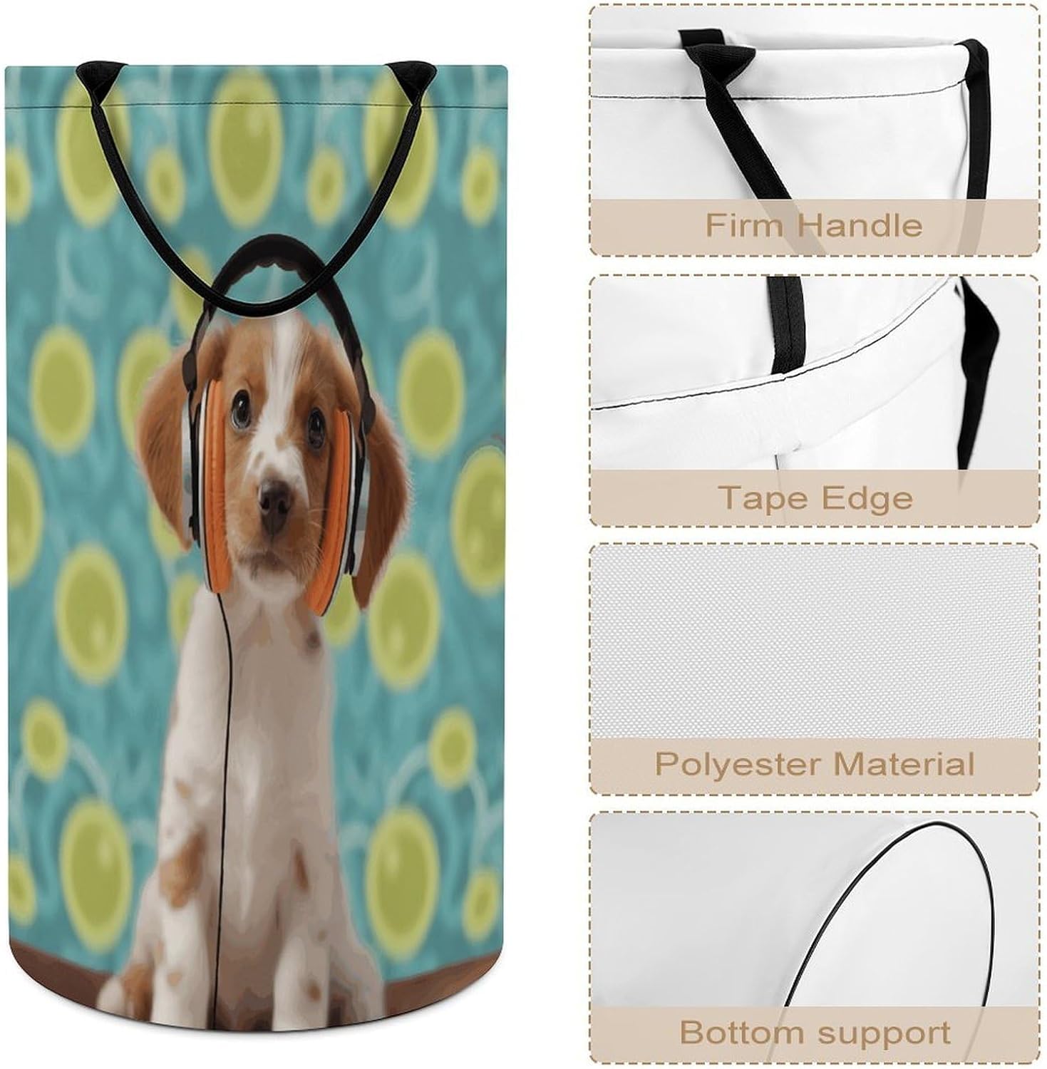 Puppy with Headphones Large Capacity Laundry Baskets,Collapsible Clothes Hamper with Handles，Laundry Hampers for Bathroom,Bedroom,Towels