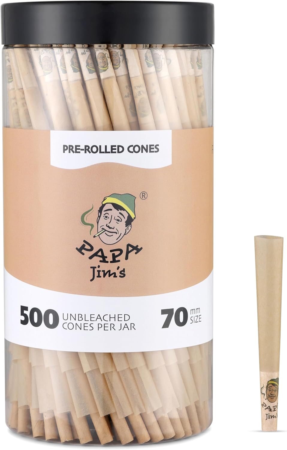 Papa Jim's Pre-Rolled Cones | 500 Cones Jar | 70mm DogWalker Size | Unbleached Classic | Finest paper from France | Includes Packing sticks and filters