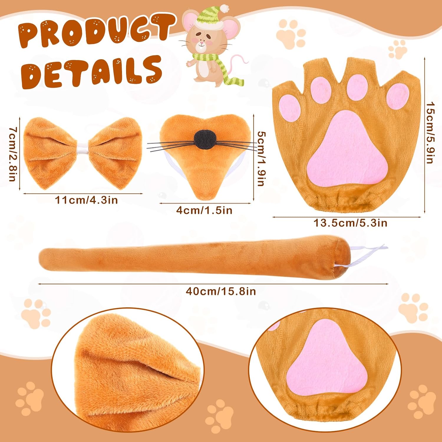 Sintege Mouse Costume for Kid Adult Mice Ears Headband Mouse Nose Tail Gloves Mice Costume for Carnival 100th Day of School