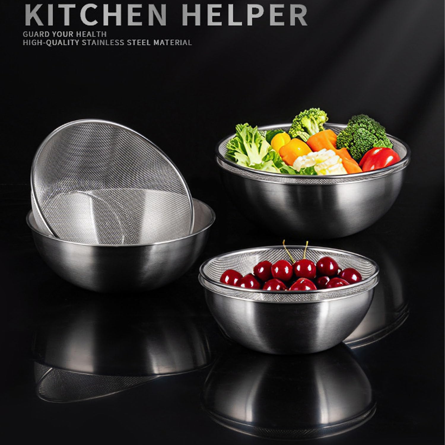 2-Teiliges 1200 ml Edelstahl Salatschüssel Set mit Sieb | 316er Schüssel 1200 ml 19 cm mit Skala, 304er Abtropfsieb 18 cm, Vielseitig zum Waschen, Sieben, Servieren und Vorbereiten