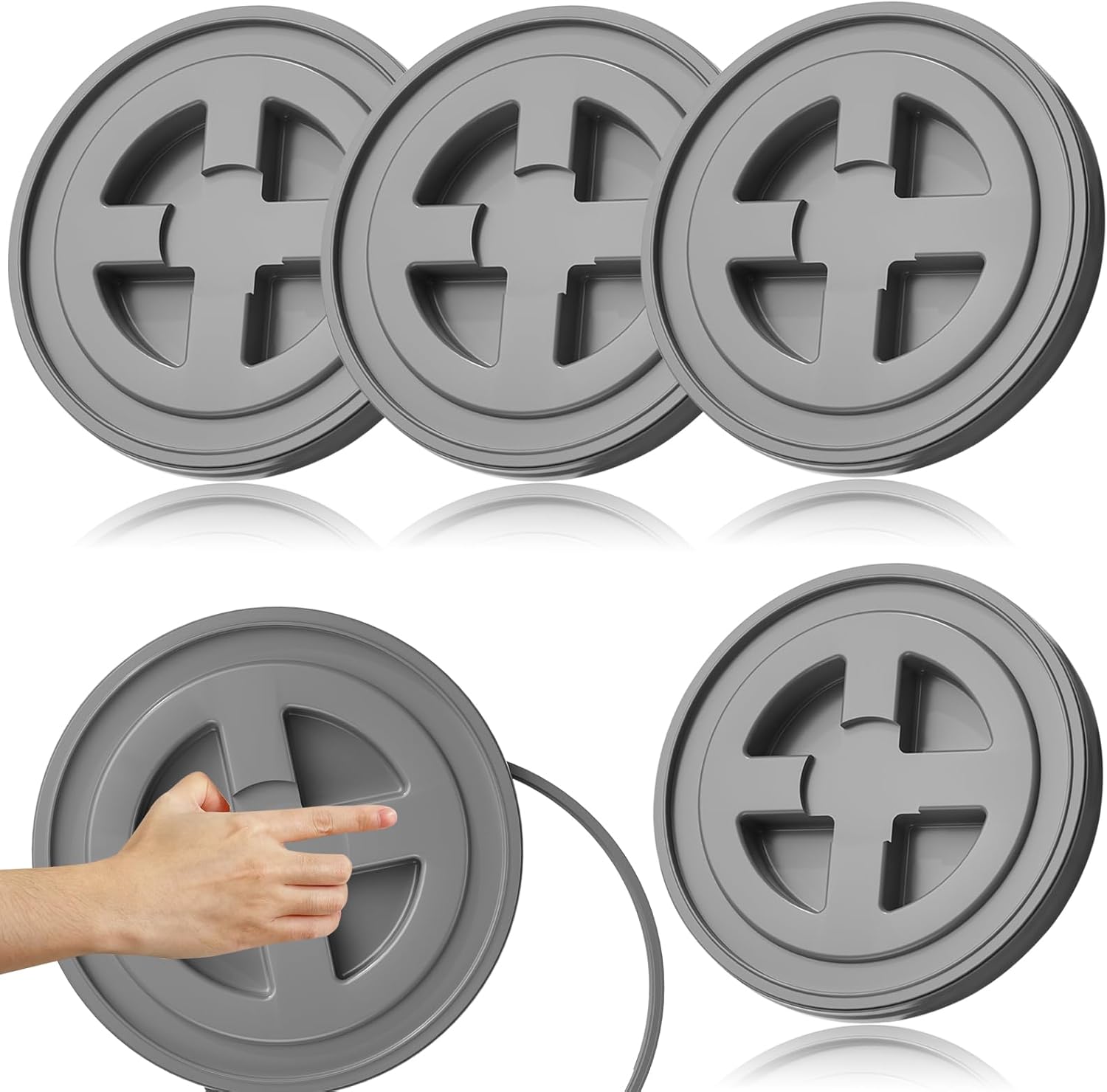 4 Pieces 5 Gallon Bucket Lids, 12inch Leak-proof Plastic Seal Screw Top Airtight Lid, Reusable Drum & Pail Lid for Pet Food Storage, Home Paint Storage and Industrial Storage Buckets -Grey
