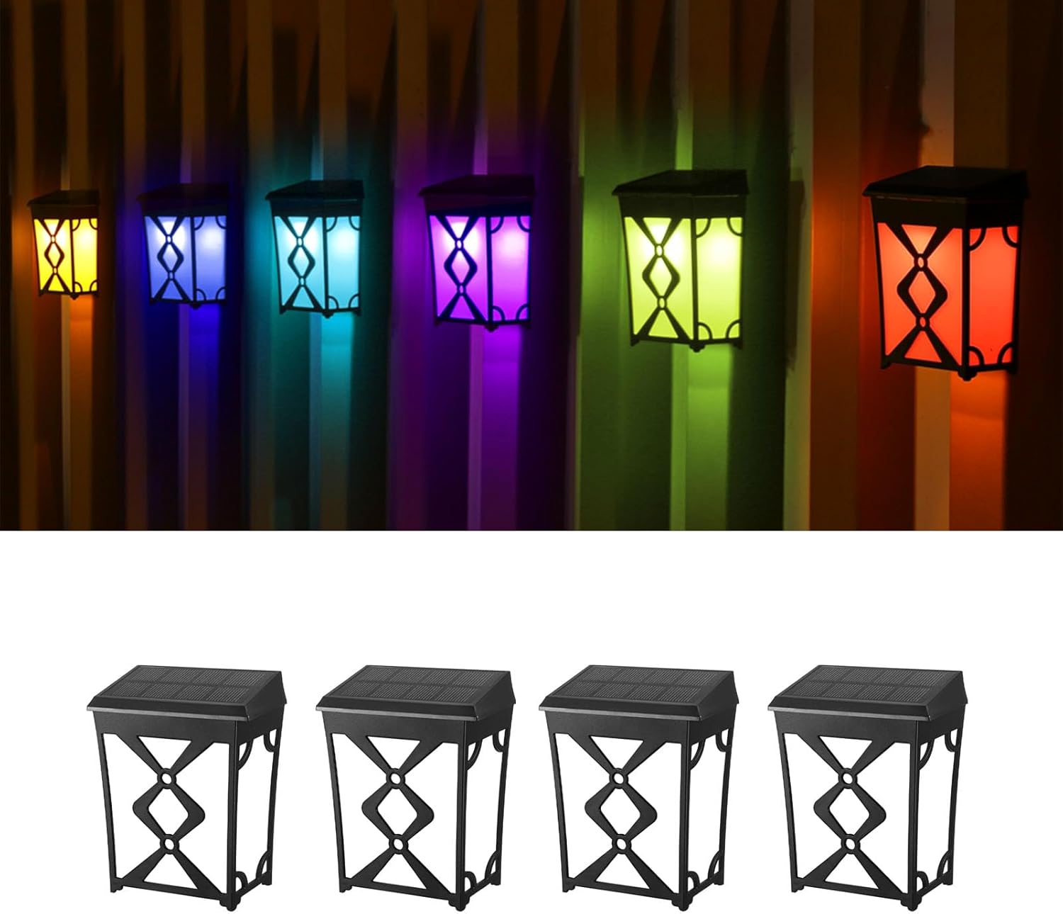 Solar Fence Lights Outdoor，Waterproof IP65, LED Fence Lighting for Patios, Decks, Wall, Step, Backyards, Railing, Porch( 4 Pack Warm White & RGB)