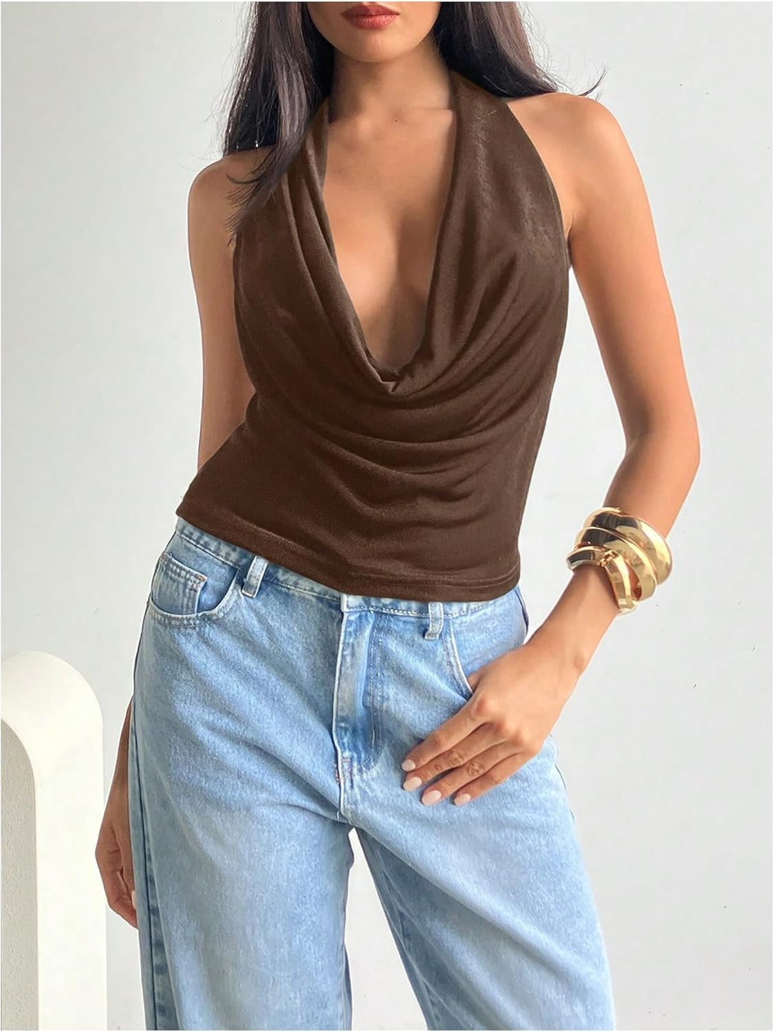 MakeMeChic Women's Going Out Halter Tops Backless Y2k Cowl Neck Tops Rave Outfits - Image 4