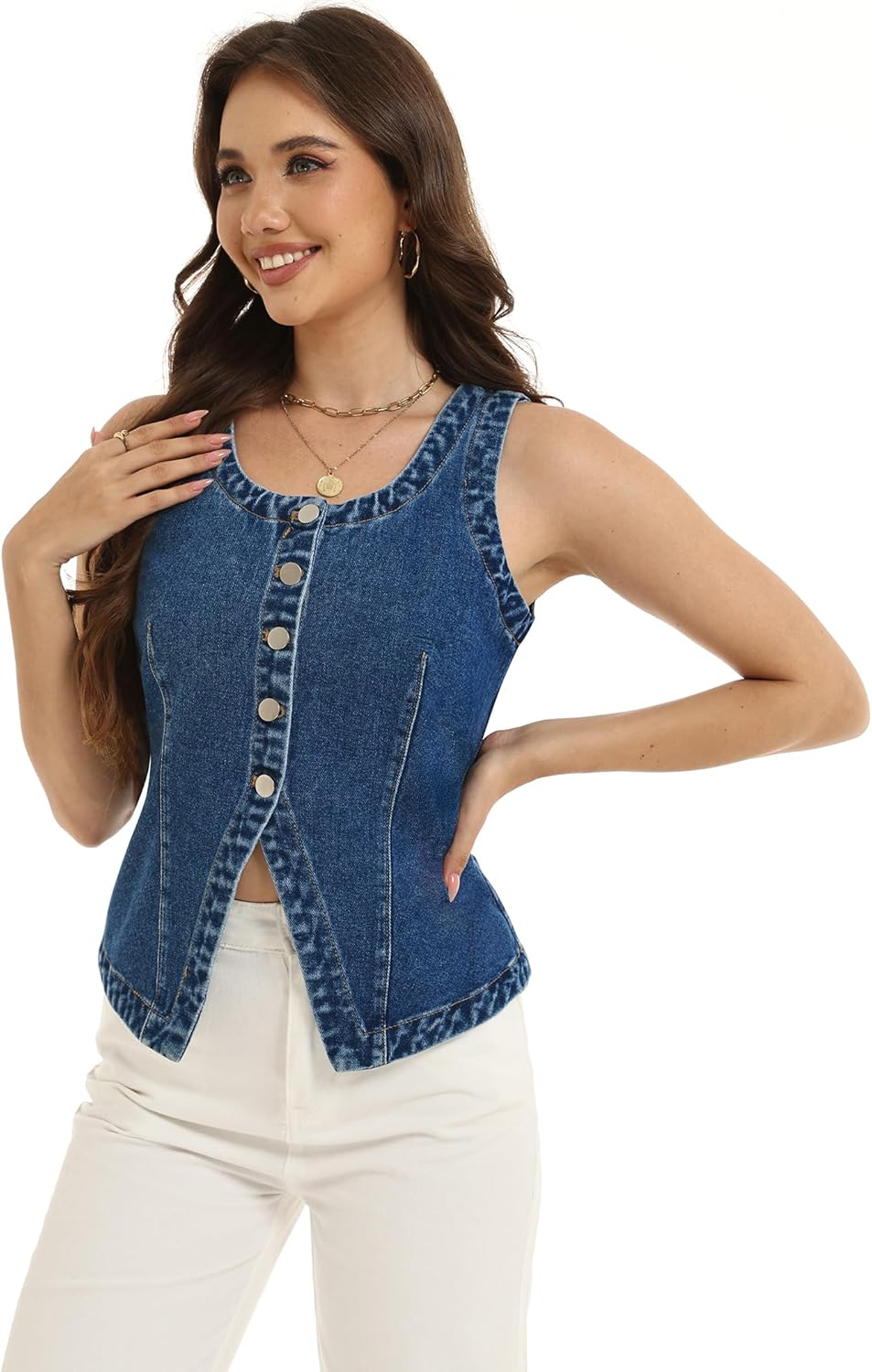D-Sun Women Sleeveless Denim Vest Crewneck Button Down Jean Waistcoat Casual Front Slit Slim Denim Tank Top - Image 4