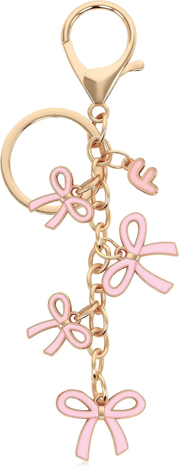 Bow Purse Charms Keychain - Pink Bow Alphabet Letter Key Chain, Bag Charms Wallet