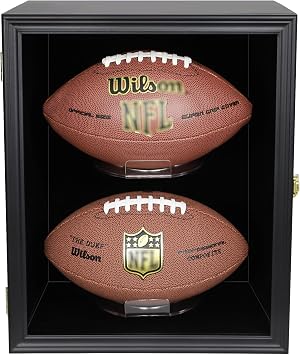 2 Football Display Case Wall Mount Lockable Clear View Full Size Anti Fade UV Protective Acrylic Door Wooden Signed Memorabilia Football Box Shelf Holder-Double Ball