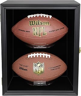 2 Football Display Case Wall Mount Lockable Clear View Full Size Anti Fade UV Protective Acrylic Door Wooden Signed Memorabilia Football Box Shelf Holder-Double Ball