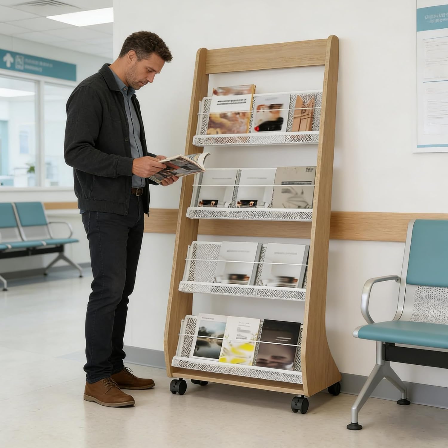 Brochure Display Rack 4 Tier Magazine Rack with Wheels Wooden Newspaper Stand and Literature Holder Ideal for Trade Shows Offices Lobbies and Schools Style 3
