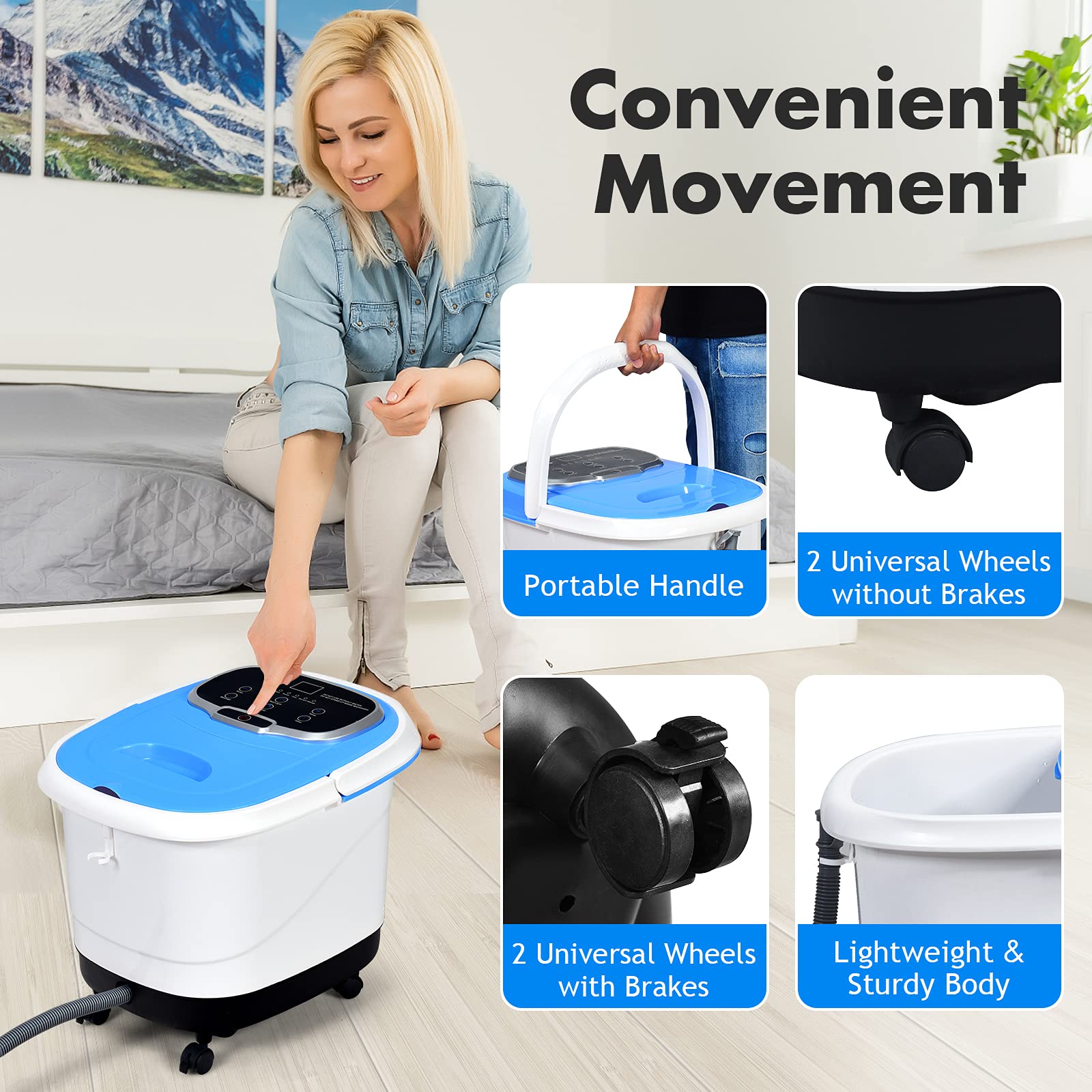 DREAMADE Fußwanne Elektrisch, Fußbad mit Massagefunktion, Fußbadewanne auf Rollen, Fußmassagegerät mit Dusche- und Heizfunktionen, 10-60min Timer/35-48℃ Einstellbar (Blau)