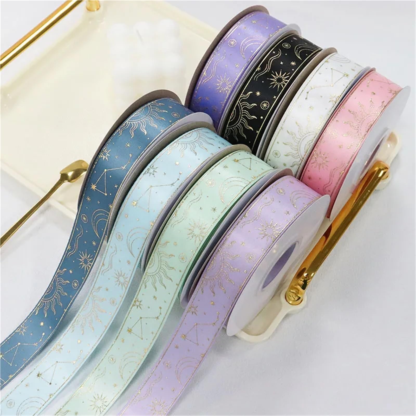 3 Rollen 25 Mm Goldfolie, Sonne, Mond, Sterne, Bedrucktes Satinband For Geschenkverpackungen, DIY-Nähmaterial, Geschenkverpackung Fur Dekoration(LightBlue,100Yards)