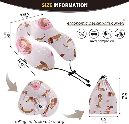 Miniatura 3 de Sinestour Almohada de cuello de viaje con diseño de perro salchicha de dibujos animados, almohada de espuma viscoelástica para el cuello con bolsa