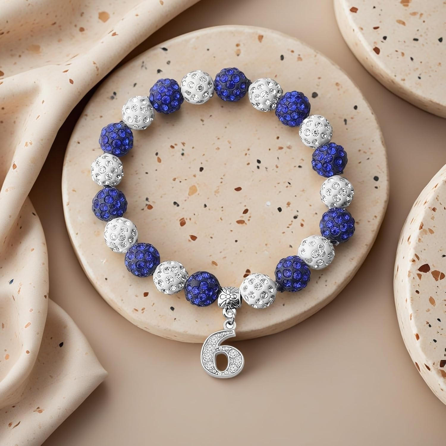 Beaded Stretch Bracelets for Men Women, Crystal Rhinestone Bracelet with Number Charm, Sports Fan Sorority Jewelry Gift, Blue & White