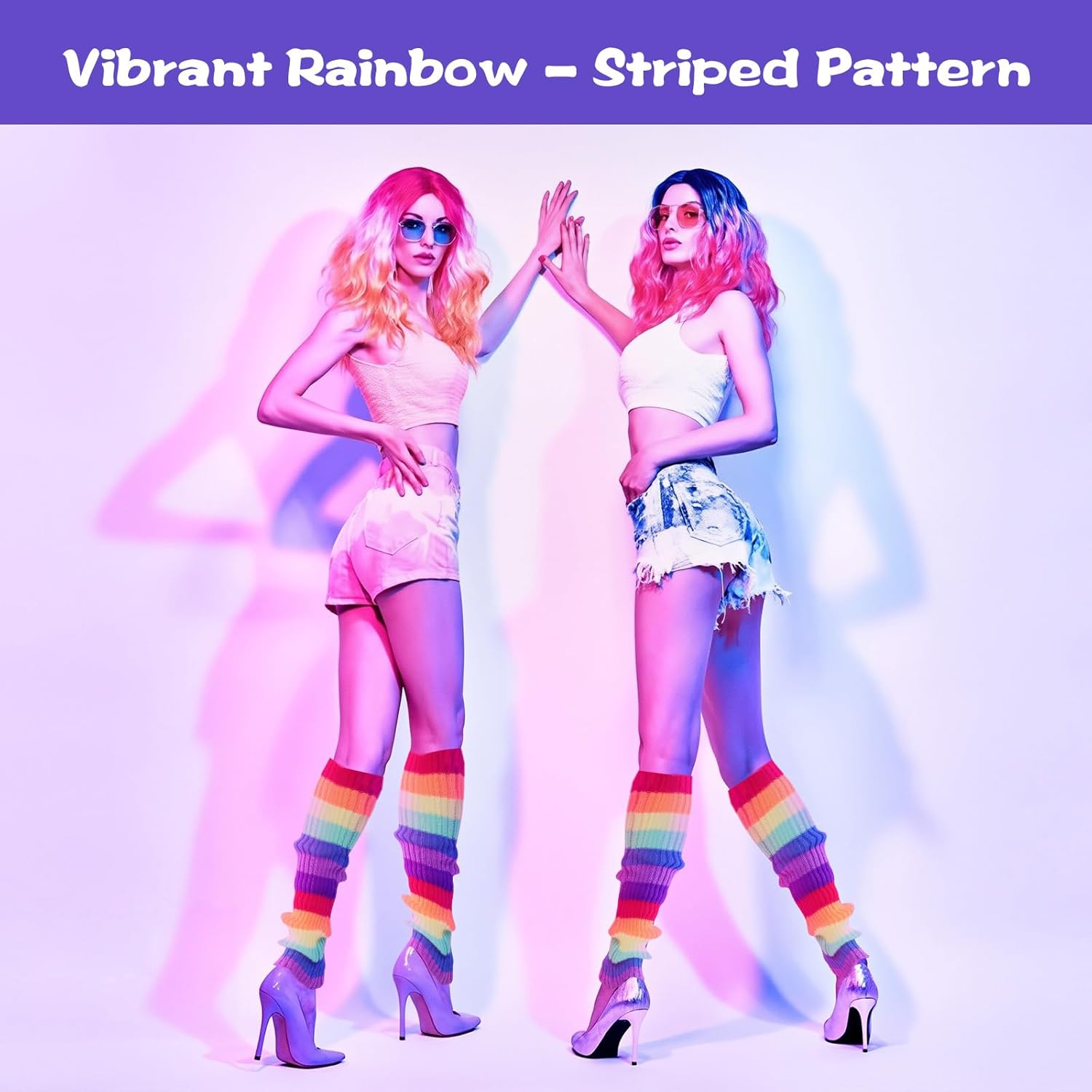 Rainbow Leg Warmers 80s Women, Cute Neon Leg Warmers for Girls, Ribbed Knit Leg Warmer Pack for 80s Eighty's Party Sports Yoga - Image 3