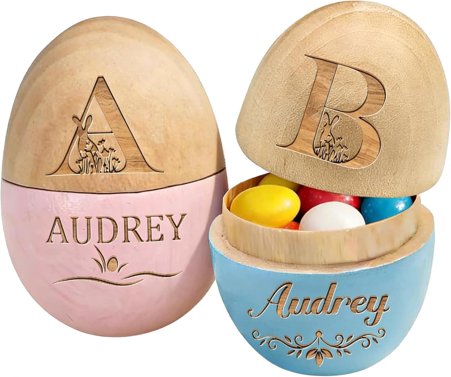 Personalized Wooden Easter Egg Hollow Fillable Egg Keepsake, Custom Engraved Wooden Easter Eggs Gifts for Boy Girl, Reusable Easter Basket Decoration & Gift for Kids
