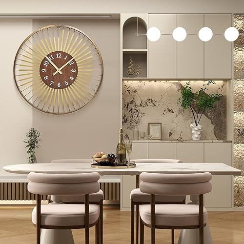 Miniatura 2 de Reloj de pared moderno de mediados de siglo de 24 pulgadas, diseño de metal de marco redondo con centro de madera de nogal, movimiento de cuarzo