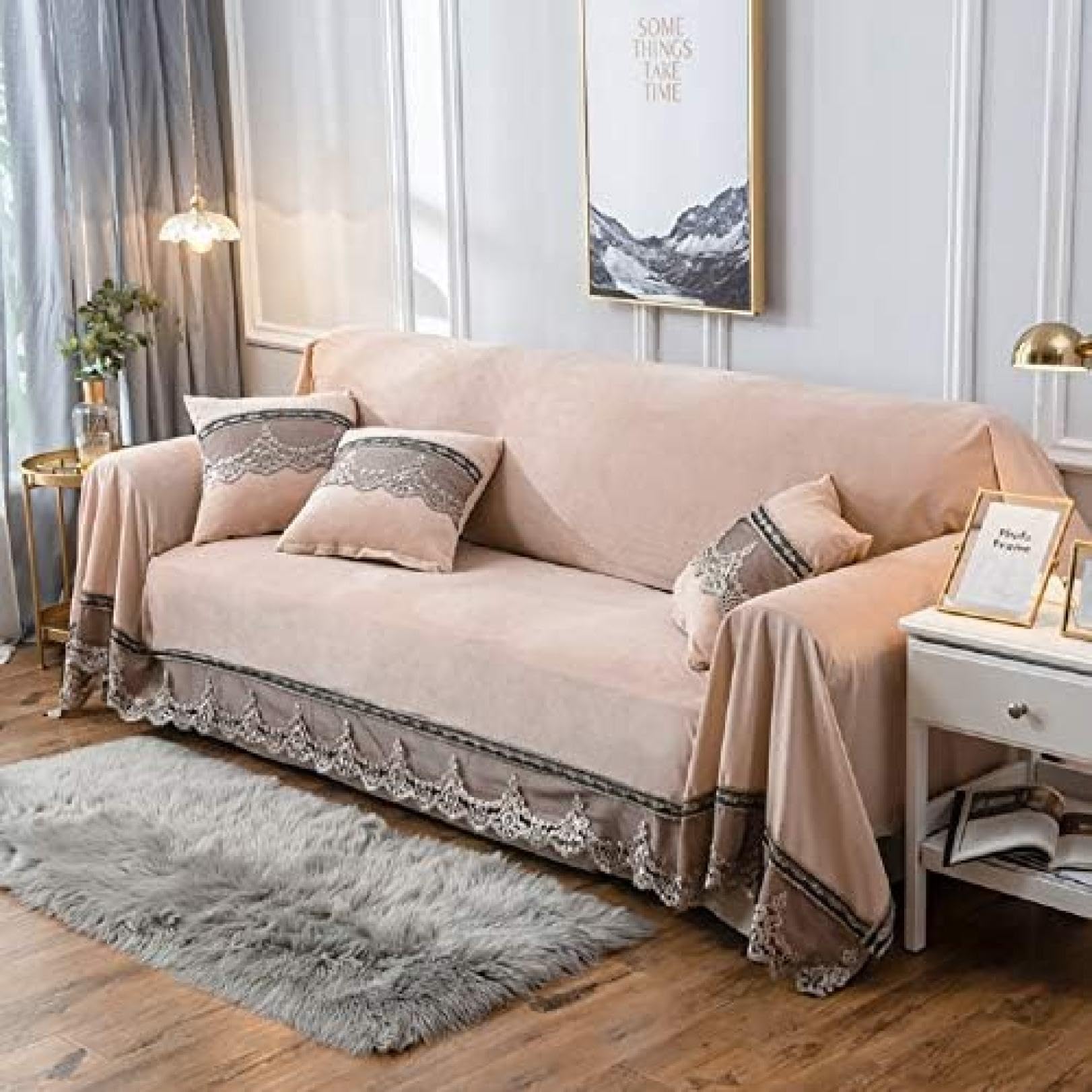 北欧風 ベロア 無地 レースの縁取り多機能 マルチクロス カーペット