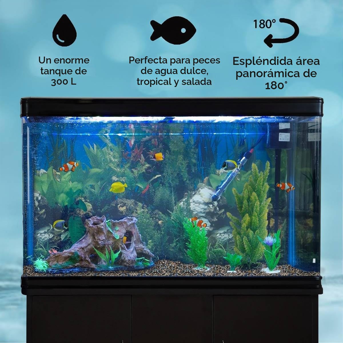 Pecera Acuario 300 litros para Peces Agua Dulce,Tropicales+Marinos con Mueble Negro,Grava Natural,Calentador 300W Ajustable,Filtro,Bomba Aire,Zona Observación 180º +Luz LED, 2 Años Garantía Eléctrica