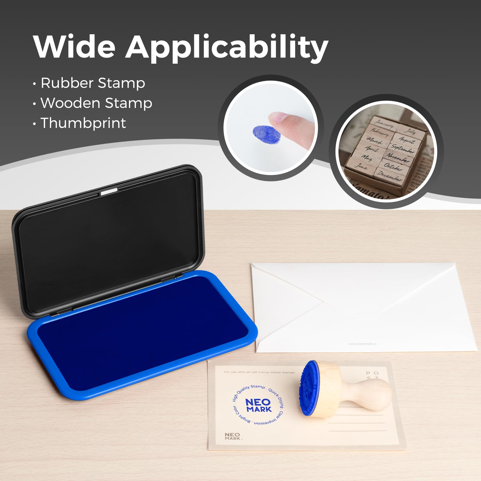 NEO MARK Kit de almohadillas de sello azul grande (tinta de 1 onza incluida), innovador diseño de tapa magnética, almohadilla de fieltro de alta calidad para oficina y hogar, 3.50 x 6.25 pulgadas