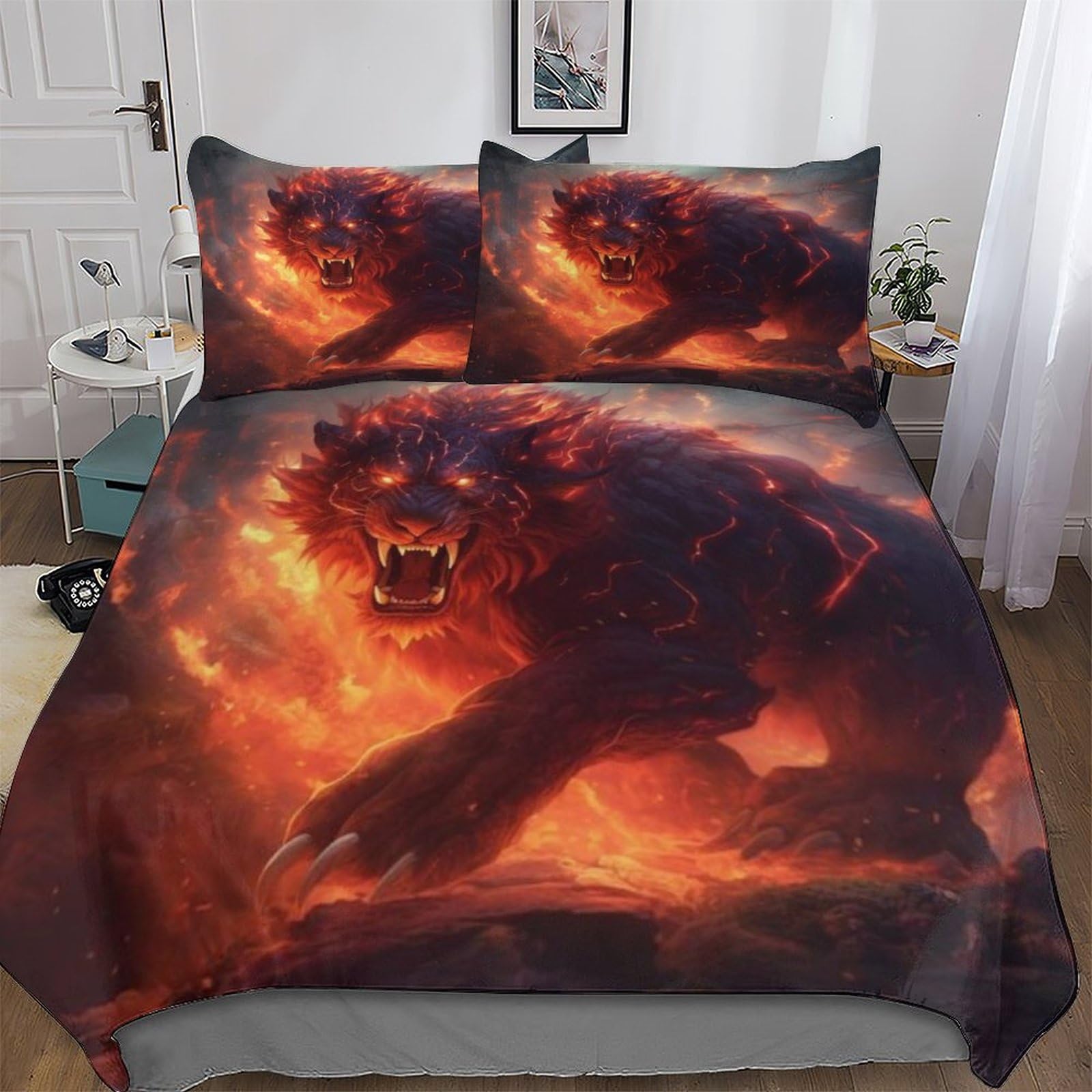 Housse de couette 220x240 lion parure de lit 3 pièces microfibre douce lit double