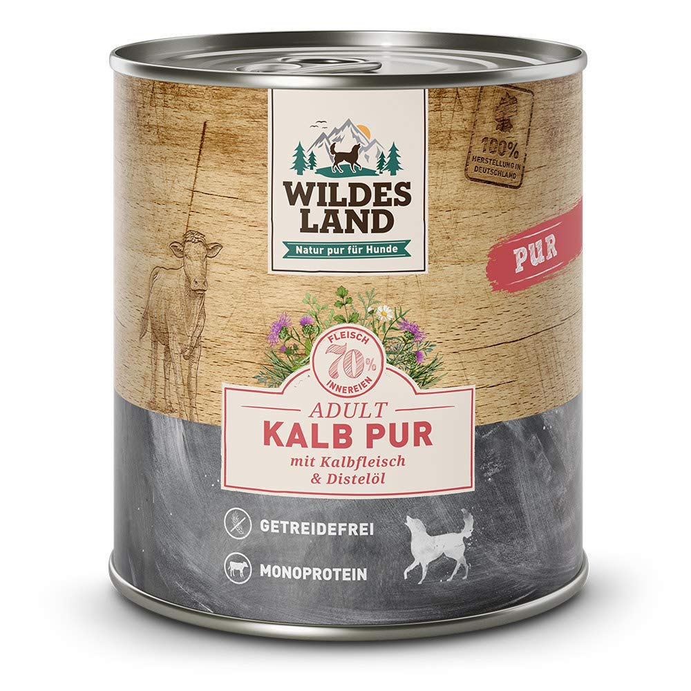 WILDES LAND – Wild | Nassfutter mit extra hohem Fleischanteil und natürlichen Zutaten für ausgewachsene Hunde. Getreidefreies Alleinfutter ohne Zusatzstoffe in der Dose | 12x800g Wild
