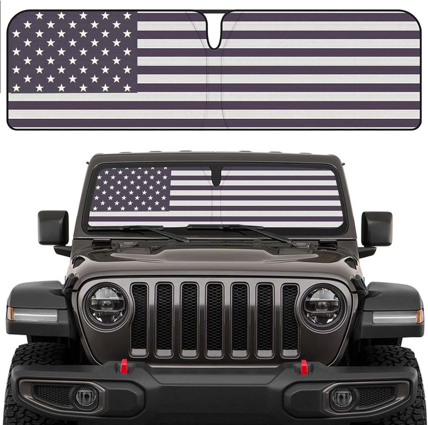 Car Windshield Sun Shade for Jeep Wrangler JK JKU JL JLU 1997-2024 & Jeep Gladiator JT 2020-2024 [4 Layers Nano Coating] with Storage Pouch Foldable Car Sun Visor for UV Rays American Flag(Black)