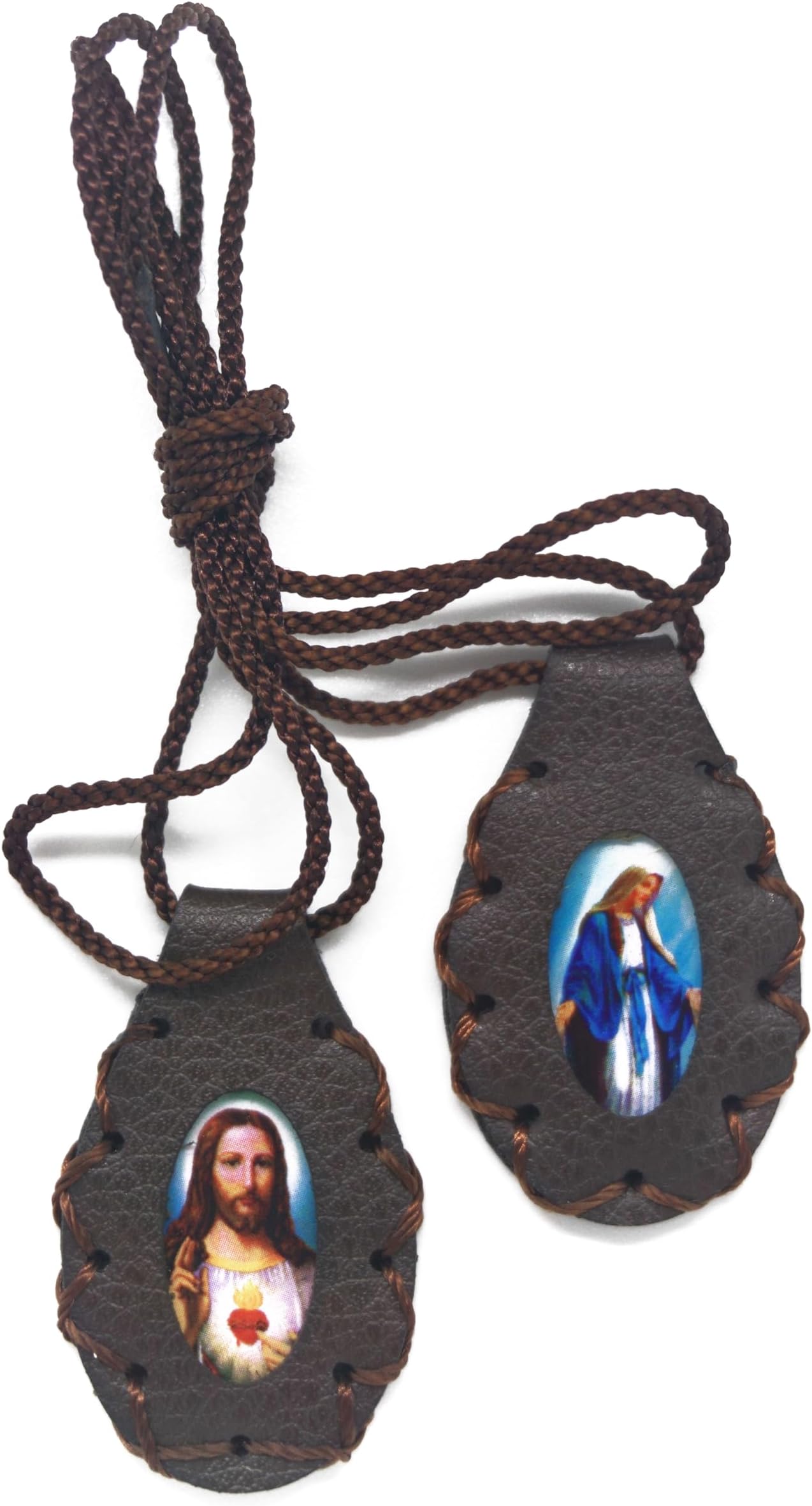 Scapular of The Sacred Heart of Jesus, Sacred Virgin of Carmen, Virgin of Guadalupe & St. Michael Arcangel. Brown Leather Finish Handmade Drop Shape. 2,5cm x 4cm by Zaraleas