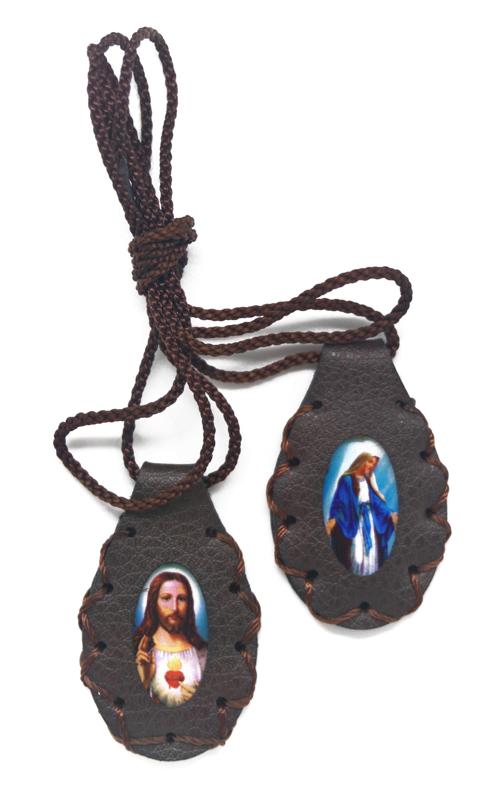 Scapular of The Sacred Heart of Jesus, Sacred Virgin of Carmen, Virgin of Guadalupe & St. Michael Arcangel. Brown Leather Finish Handmade Drop Shape. 2,5cm x 4cm by Zaraleas