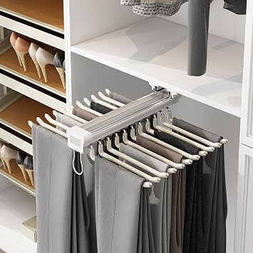 22 Rods Pull Out Pants Rack, 23.2x18.1x3.7in Stainless Steel Pants Organizer Trouser Hanger for Hanging Jeans, Pants, Pants, Ties, Scarves White